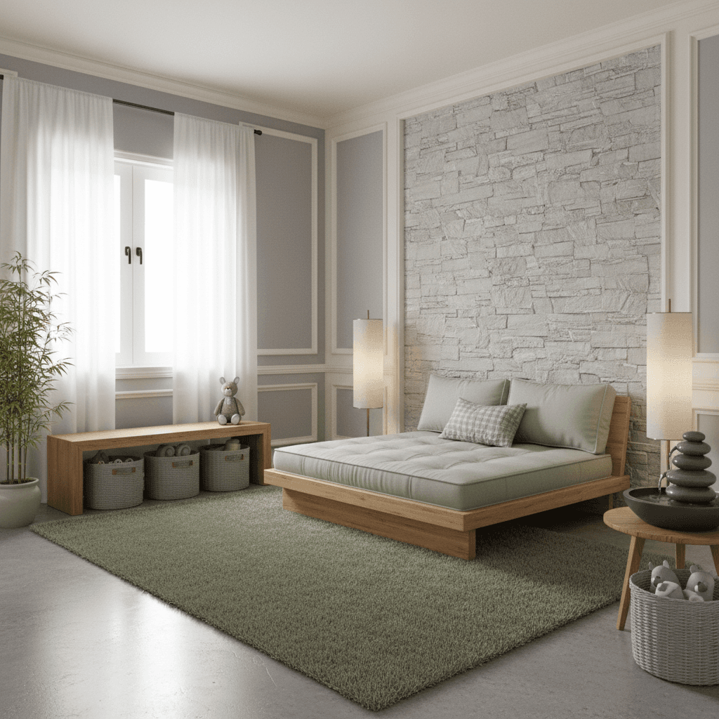 Create a serene Kids Bedroom in Zen style, inspired by nature. The room features a soothing color palette with soft gray walls, creamy white trim, and warm beige wood accents. A plush area rug in a natural fiber texture and a calming shade of sage green covers the floor. A low-profile, minimalist futon bed in a light wood tone is positioned against a serene stone wall, surrounded by floor lamps with linen shades. A wooden storage bench in a natural finish and woven baskets in a soft gray hue add storage and texture. A large window with sheer white curtains filters in soft natural light, while a small water feature, such as a tabletop fountain, adds a calming sound element. - Zen Kids Bedroom designed with AI by Interiores AI
