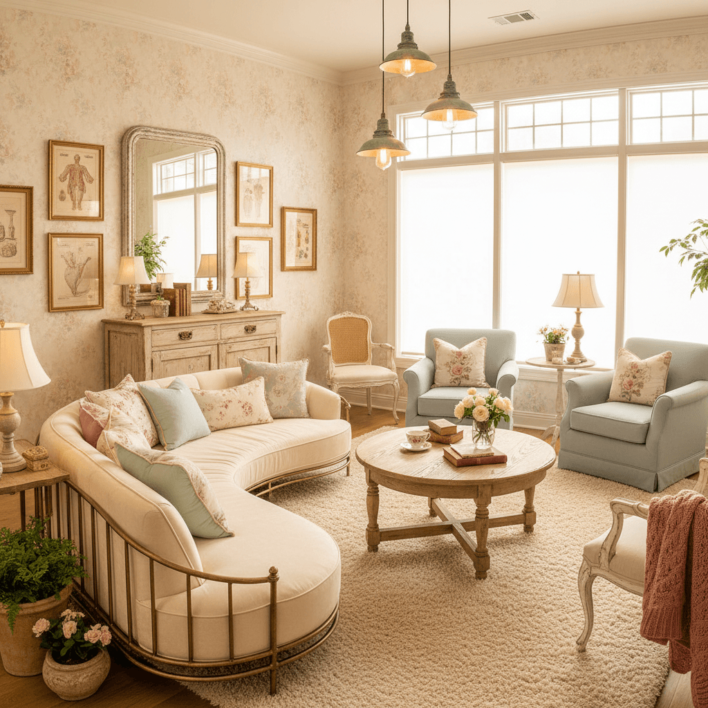 Create a warm and inviting Medical Office in a Shabby Chic style, with distressed wood accents, soft pastel hues, and vintage floral patterns. The space features a plush, cream-colored sectional sofa in a curved shape, adorned with ornate, gold-toned metalwork. Wooden furniture pieces, such as a distressed oak credenza and a vintage-inspired, curved-legged chair, are paired with comfortable, oversized armchairs in a soft, pale blue hue. The walls are adorned with antique, distressed mirrors and vintage floral wallpaper, while the floors are covered in a soft, cream-colored shag rug. Natural light pours in through large, floor-to-ceiling windows, casting a warm glow over the space. Warm, soft lighting is provided by table lamps with delicate, floral-patterned shades and pendant lights in a distressed metal finish. The overall atmosphere is relaxed, calming, and soothing, perfect for a medical office seeking to put patients at ease. - Shabby Chic Medical Office designed with AI by Interiores AI