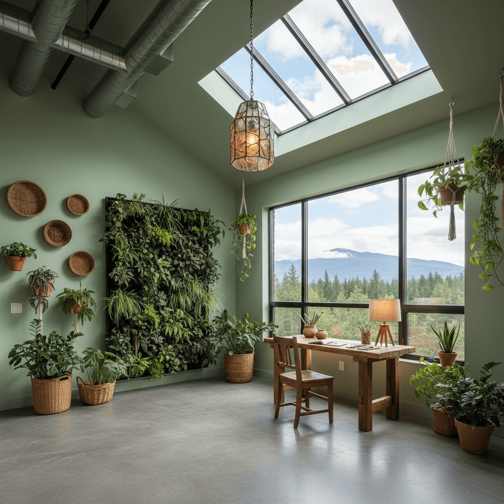 Design a minimalist Art Studio with a focus on eco-friendliness, incorporating reclaimed wood accents, living walls, and natural light. The space features a large concrete floor, exposed ductwork, and a sloping ceiling with a metal skylight. Walls are painted a soothing sage green (such as Sherwin-Williams' "Rainwashed") and adorned with woven baskets and potted plants. A reclaimed wood desk and chair sit near a floor-to-ceiling window, allowing for breathtaking views of the surrounding nature. Soft, warm lighting is provided by a combination of table lamps and a pendant light made from recycled glass and metal. The atmosphere is calm and inspiring, with a hint of organic freshness. - Eco Friendly Art Studio designed with AI by Interiores AI