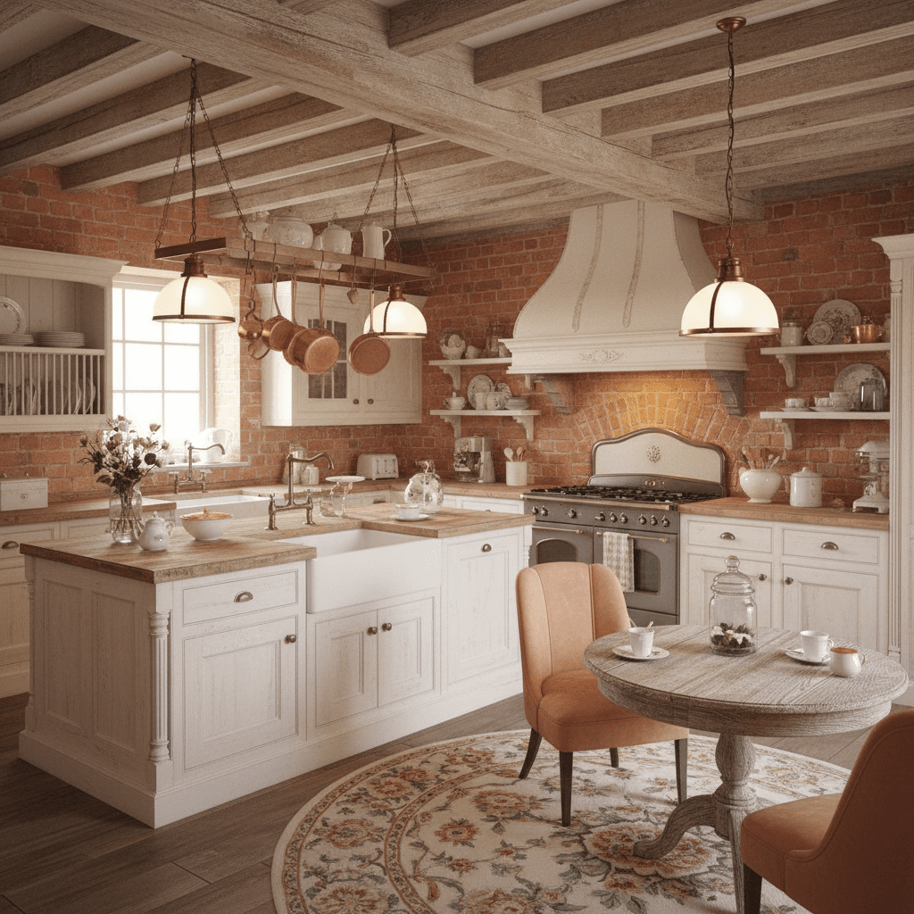 Create a Shabby Chic Open Integrated Kitchen with distressed wood accents, soft pastel colors, and vintage flair. The space features creamy white cabinets with soft pink undertones, rustic wooden countertops, and a farmhouse sink. Exposed brick walls add warmth, while distressed wooden beams and pendant lighting evoke a charming, eclectic atmosphere. Floral-patterned rug and plush velvet armchairs in soft peach hues add a touch of femininity. Soft golden lighting and vintage-inspired metalware complete the whimsical, romantic ambiance, perfect for a cozy breakfast nook or casual entertaining space. - Shabby Chic Integrated Kitchen designed with AI by Interiores AI