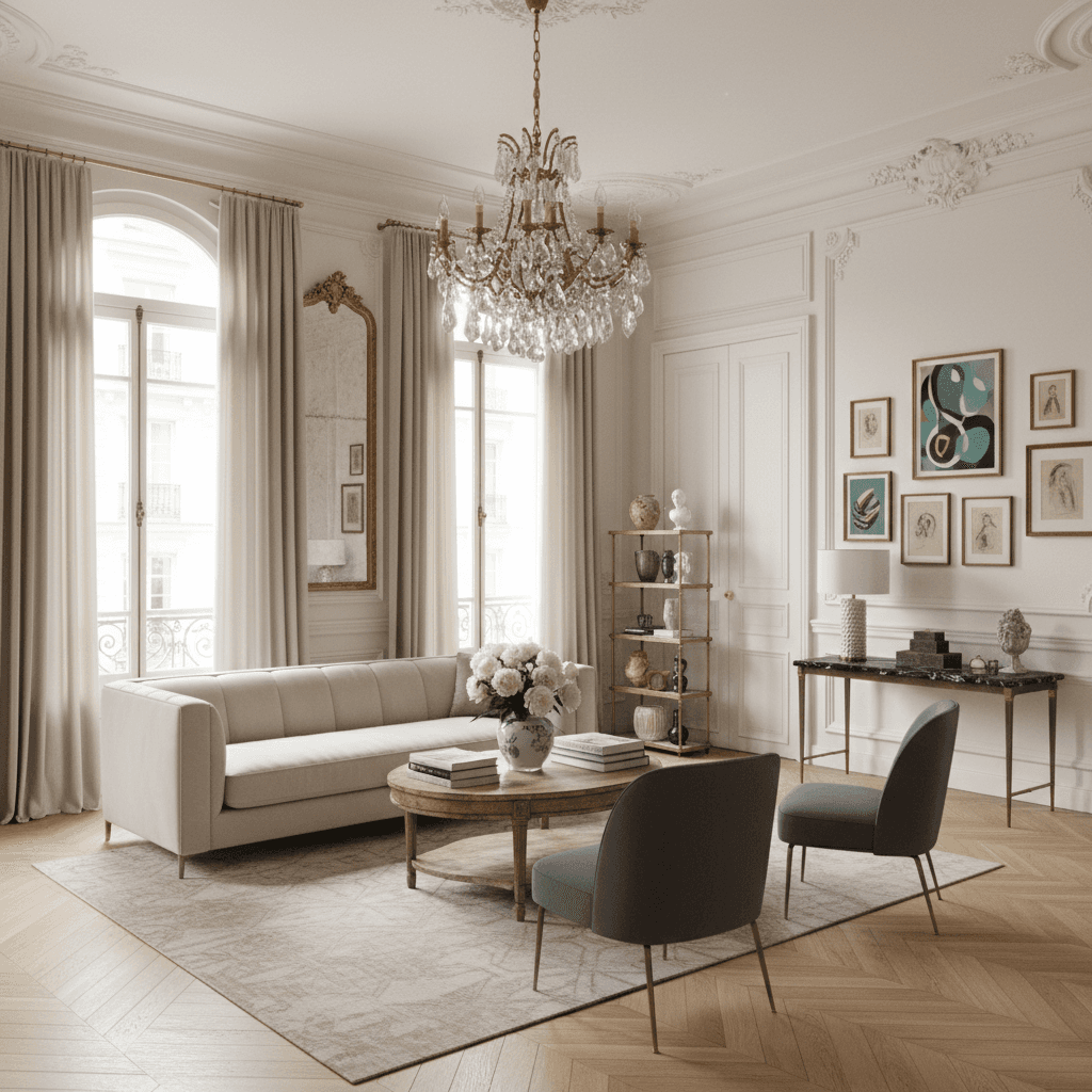 A beautiful Garden designed in Parisian style. Transform this space into a Parisian interior while preserving walls, windows, and moldings. Use neutral walls, herringbone or classic wood tones, ornate lighting, and a mix of vintage and modern pieces. Add elegant drapery, gilded accents, and curated art for a chic Paris look. The space features carefully selected furniture, harmonious colors, natural lighting, and thoughtfully placed decorative elements that create a welcoming and aesthetically pleasing atmosphere. - Parisian Garden designed with AI by Interiores AI