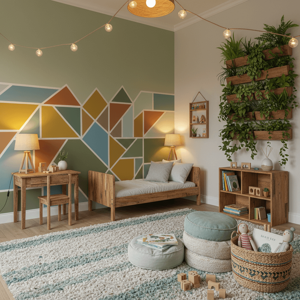 Create a serene and playful eco-friendly kids' bedroom with a natural color palette, featuring reclaimed wood furniture, a plush area rug made from recycled plastic, and a living wall with lush greenery. Soft, warm lighting comes from a combination of table lamps and string lights made from sustainable materials. The room's focal point is a statement wall painted in a soothing shade of sage green, adorned with colorful, hand-painted geometric patterns created from natural dyes. A comfortable reading nook is nestled in a cozy corner, surrounded by floor cushions and a woven basket filled with eco-friendly toys and books. The room's calming atmosphere is further enhanced by the soft hum of a gentle, solar-powered fan and the subtle scent of essential oils from natural sources. - Eco Friendly Kids Bedroom designed with AI by Interiores AI