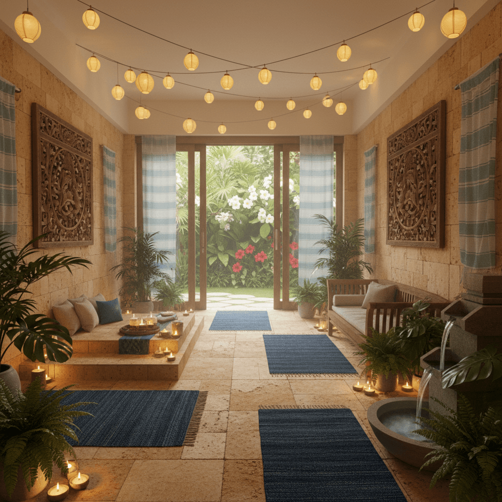 Create a serene Bali-inspired spa room with natural stone walls and floor, featuring warm golden sand-colored limestone tiles that evoke the island's sun-kissed beaches. Soft cream-colored walls adorned with traditional Balinese wood carvings and intricate motifs, complemented by plush area rugs in deep indigo and turquoise hues. Soothing pale blue and white striped textiles adorn the walls, while a floor-to-ceiling glass door frames a lush tropical garden filled with frangipani and hibiscus flowers. The space is illuminated by warm candlelight and string lanterns, casting a tranquil ambiance. A meditation platform and a low wooden bench invite relaxation, surrounded by lush greenery and the calming sounds of a gentle water feature. - Bali Spa / Sauna designed with AI by Interiores AI