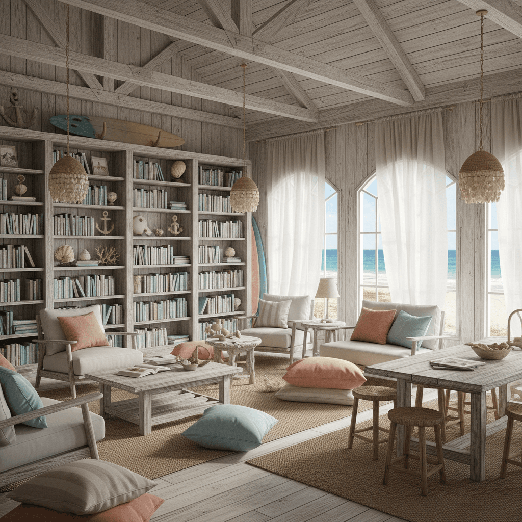 Imagine a Library that embodies the carefree, beachy vibe of a Surf Shack, where the love of literature meets the laid-back attitude of the coast. The space is a cozy, seaside-inspired haven, with distressed wood accents, weathered driftwood furniture, and a soothing color palette of soft blues, sandy neutrals, and coral pinks. Woven sea grass rugs in natural hues add warmth underfoot, while pendant lamps made from natural fibers and shells cast a warm, soft glow. Comfortable, oversized pillows in plush textiles in a mix of blues and whites invite relaxation, and floor-to-ceiling bookshelves, crafted from reclaimed wood, are adorned with nautical-themed bookends and decorative shells. The atmosphere is relaxed and inviting, with a hint of the ocean breeze, perfect for getting lost in a great read. - Surf Shack Library or Reading Room designed with AI by Interiores AI