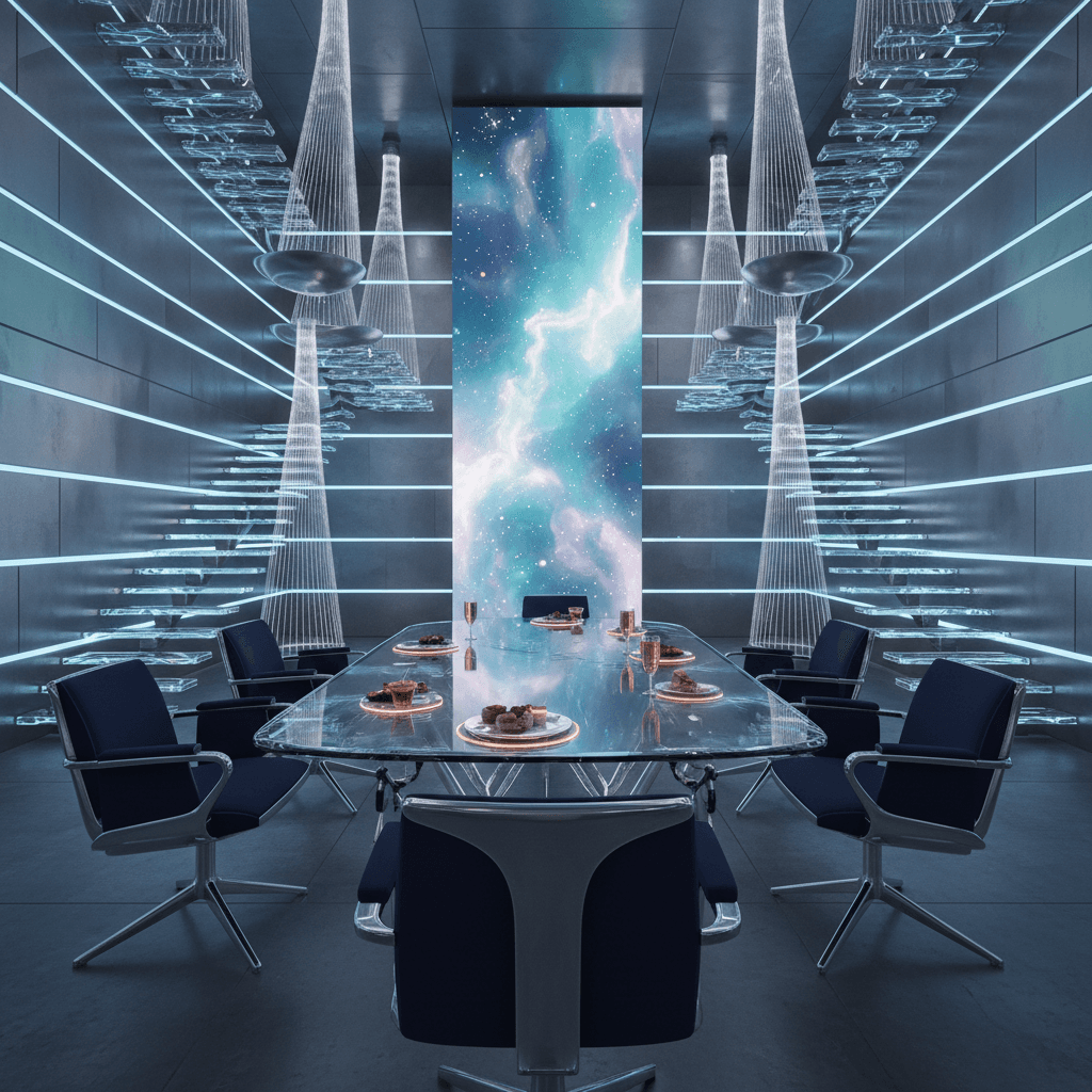 Generate a futuristic dining room with a sleek, high-tech aesthetic. The space is dominated by a large, curvaceous glass table surrounded by six chairs with adjustable, luminescent armrests. Walls are clad in a metallic silver finish, with embedded LED lights that create a dynamic, pulsing effect. A floor-to-ceiling, holographic display screen rises from the center of the room, casting a shimmering, iridescent glow. The room is illuminated by a series of slender, fiber-optic "staircases" that ascend to the ceiling, creating a sense of depth and visual interest. Furniture is minimalist, with a focus on angular, aerodynamic lines and a palette of deep, rich colors, including navy blue, charcoal grey, and polished chrome. A state-of-the-art, AI-powered dinnerware system is integrated into the table, with dishes and glasses that adjust to the perfect temperature and serve food and drinks with precision. - Futuristic Dining Room designed with AI by Interiores AI