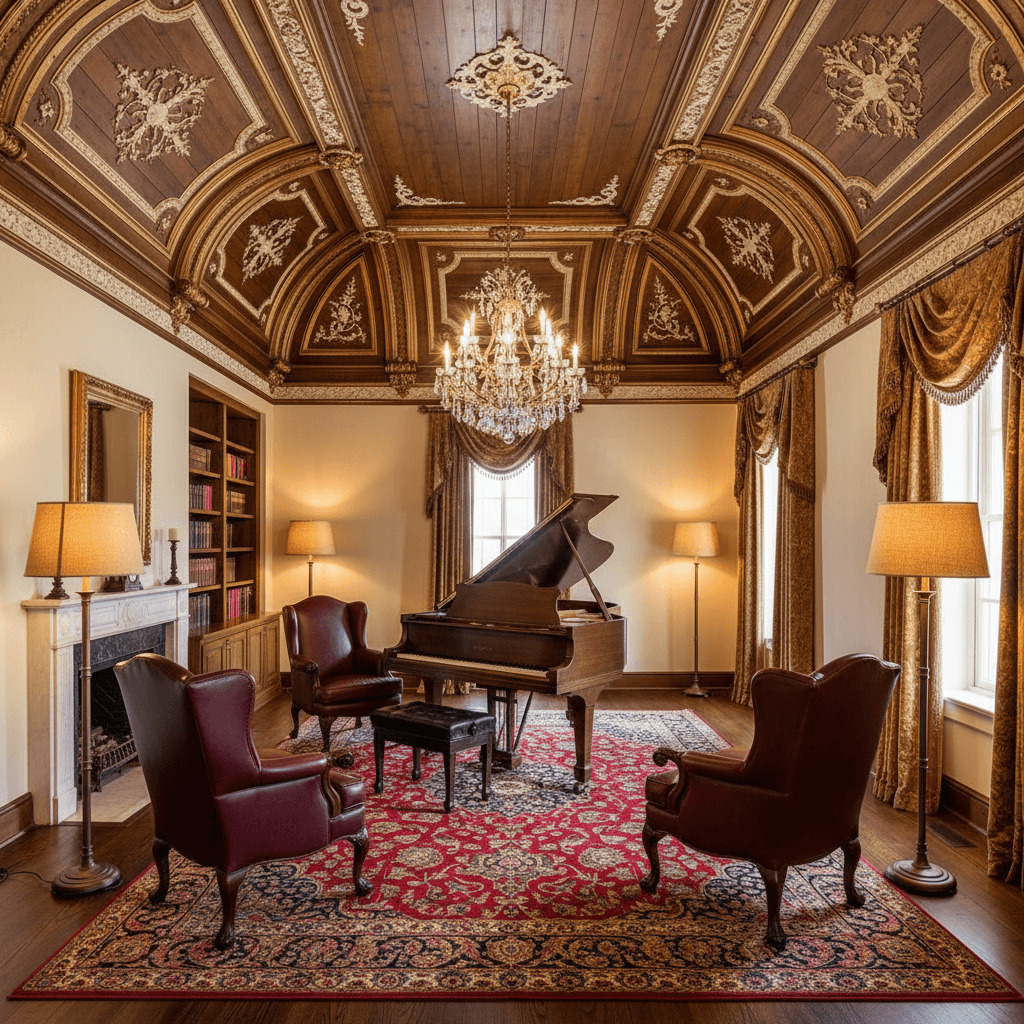 Design a traditional music room with rich, warm tones and opulent textures. The space features a high-ceilinged chamber with a vaulted wooden ceiling, adorned with ornate gold leaf moldings and delicate plasterwork. Walls are painted a soothing cream color, while the floors are made of polished dark hardwood, complemented by a plush area rug in a rich, jewel-toned red. A grand piano sits at the room's center, surrounded by high-backed leather armchairs in a deep, velvety burgundy. Floor lamps with bronze bases and linen shades cast a warm, golden glow, while a stunning crystal chandelier hangs from the ceiling, refracting light and adding to the room's sense of drama and refinement. The atmosphere is one of classic elegance and sophistication, inviting music lovers to indulge in their passion. - Traditional Music Room / Studio designed with AI by Interiores AI