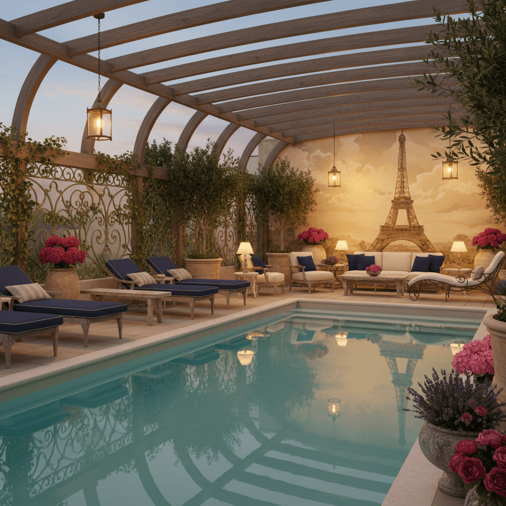 Design a charming Parisian-style pool area with a serene and elegant atmosphere, reminiscent of the City of Light. The space features a sleek, rectangular pool with a soft, creamy white plaster finish, surrounded by a charming ironwork railing adorned with intricate florals. Comfortable, cushioned lounge chairs in a rich, navy blue fabric are arranged around the pool, with matching ottomans and a few strategically placed, distressed wooden benches. A stunning, hand-painted mural on the adjacent wall showcases the Eiffel Tower, while a stylish, curved wooden pergola provides dappled shade from the sky. Warm, golden lighting from pendant lanterns and table lamps adds a cozy ambiance, as a plush, cream-colored sectional sofa and a few matching armchairs are positioned near a beautifully crafted, wrought-iron chaise lounge. The atmosphere is refined, yet relaxed, with lush, greenery-filled planters and vibrant, French-inspired flower arrangements adding pops of color throughout the space. - Parisian Pool designed with AI by Interiores AI