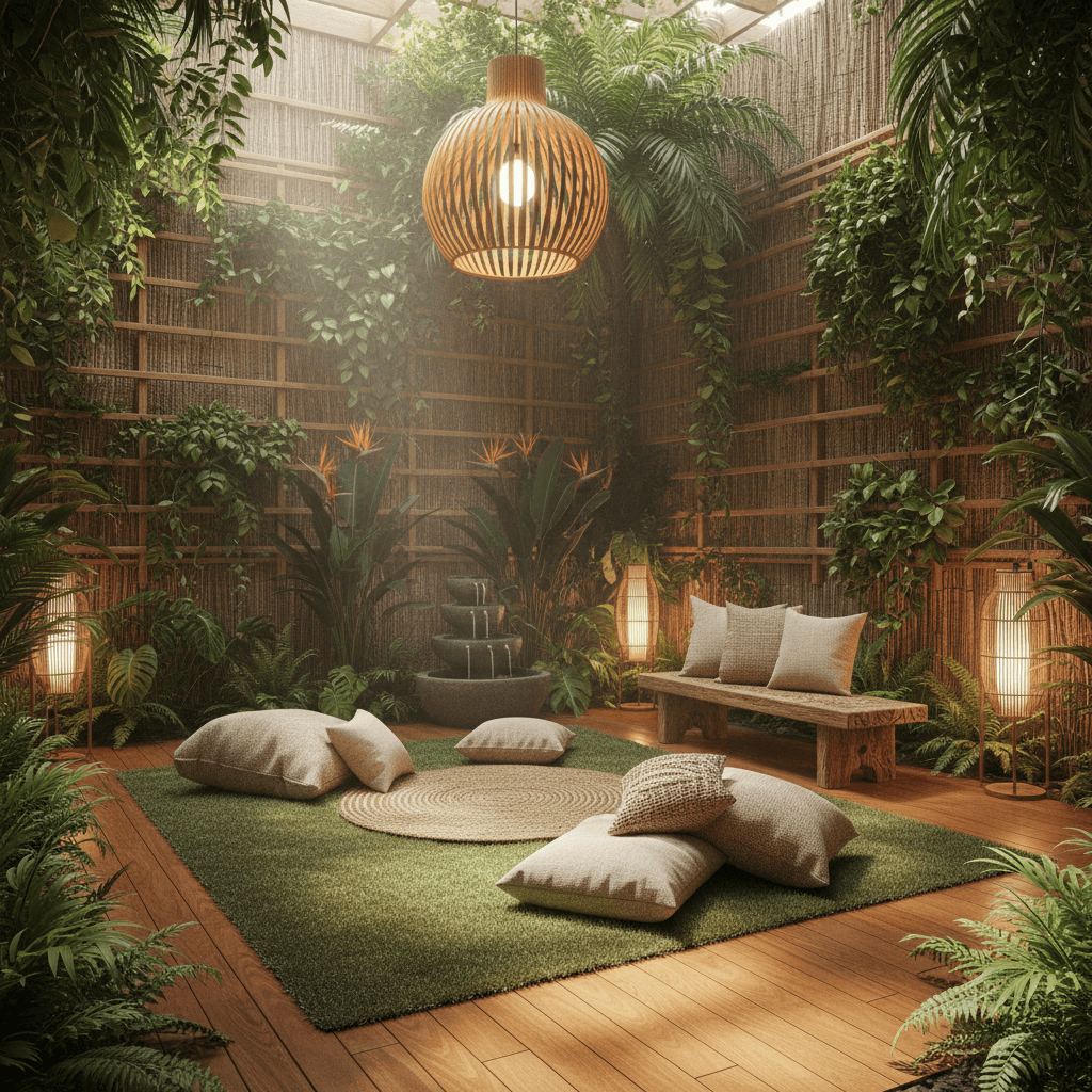 Create a serene meditation room with a natural tropical ambiance, set amidst a lush greenery backdrop. The space features a polished wooden floor in a warm honey color, complemented by a plush area rug in a soft moss green hue. Walls are adorned with woven bamboo panels in natural tones, and the ceiling is adorned with a stunning wooden pendant light fixture. The room is filled with tropical plants, including ferns and birds of paradise, which cascade down wooden trellises. A serene water feature, such as a small fountain, adds to the peaceful atmosphere. Comfortable, oversized pillows and cushions in natural fabrics, like jute and cotton, are scattered across a low, wooden bench. The room is bathed in soft, dappled light filtering through the leafy canopy above, with a few strategically placed floor lamps adding warm, golden tones. Earthy scents, like sandalwood and lemongrass, waft through the air, inviting relaxation and tranquility. - Natural Tropical Meditation Room designed with AI by Interiores AI