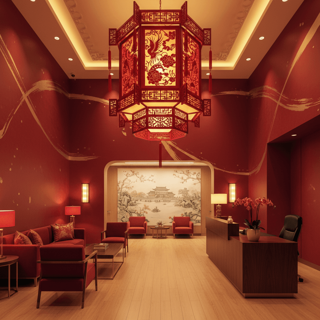Design a Medical Office that embodies the festive spirit of Chinese New Year, with a balance of traditional and modern elements. The space features a predominantly red and gold color scheme, with bold brushstroke patterns and intricate carvings on the walls and furniture. Soft golden lighting illuminates the space, while natural wood accents and plush red sofas add warmth and comfort. A stunning 10-foot-tall red lantern hangs from the ceiling, suspended above a sleek, low-profile reception desk made of rich mahogany. In the background, a stunning mural of a Chinese garden scene, painted in soft pastel colors, creates a serene atmosphere. The overall ambiance is one of joy, prosperity, and good fortune, with a touch of modernity and elegance. - Chinese New Year Medical Office designed with AI by Interiores AI