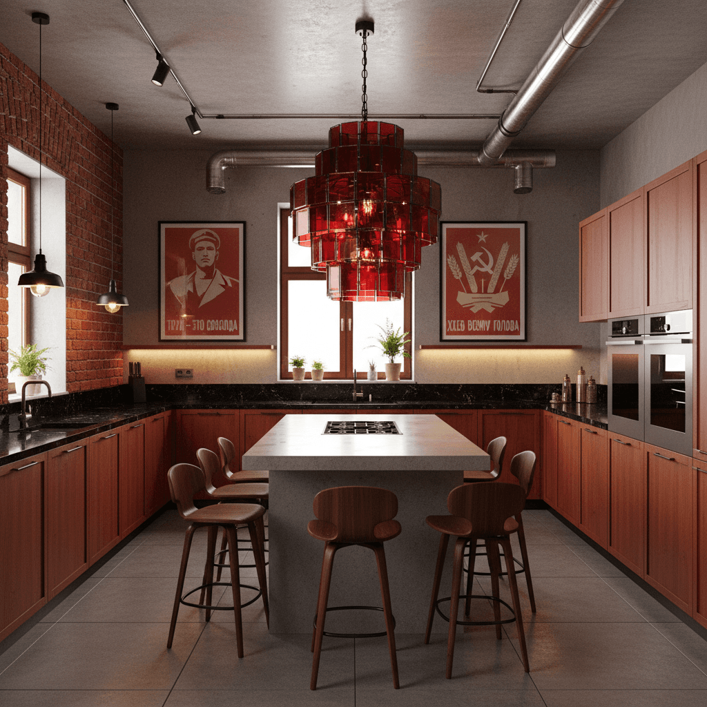 Generate a modern open integrated kitchen in Soviet style, featuring a predominantly red and black color scheme. Incorporate industrial materials such as stainless steel, concrete, and wood accents. Include a large central island with a polished concrete top, surrounded by ergonomic wooden stools. Hang a show-stopping chandelier made from metal and glass, with a geometric pattern reminiscent of Soviet-era decorative arts. Exposed brick walls and polished black granite countertops add to the utilitarian chic atmosphere. Soft golden lighting and a few carefully placed Soviet-era posters on the walls complete the nostalgic feel. - Soviet Integrated Kitchen designed with AI by Interiores AI