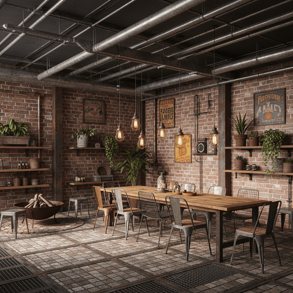 Design a terrace in an industrial style, incorporating exposed brick walls, metal beams, and reclaimed wood accents. The space features a large, wooden dining table surrounded by mismatched, metal chairs, with a metal-framed, brick-paver patio underneath. Exposed pipes and ductwork are visible, and the ceiling is a dark, industrial grey, with flickering, Edison-bulb-style lighting. The walls are adorned with vintage, metal signs and reclaimed wood shelves, displaying potted plants with industrial-style planters. A metal fire pit sits in one corner, surrounded by brick pavers, and the overall atmosphere is cozy and eclectic. - Industrial Terrace designed with AI by Interiores AI