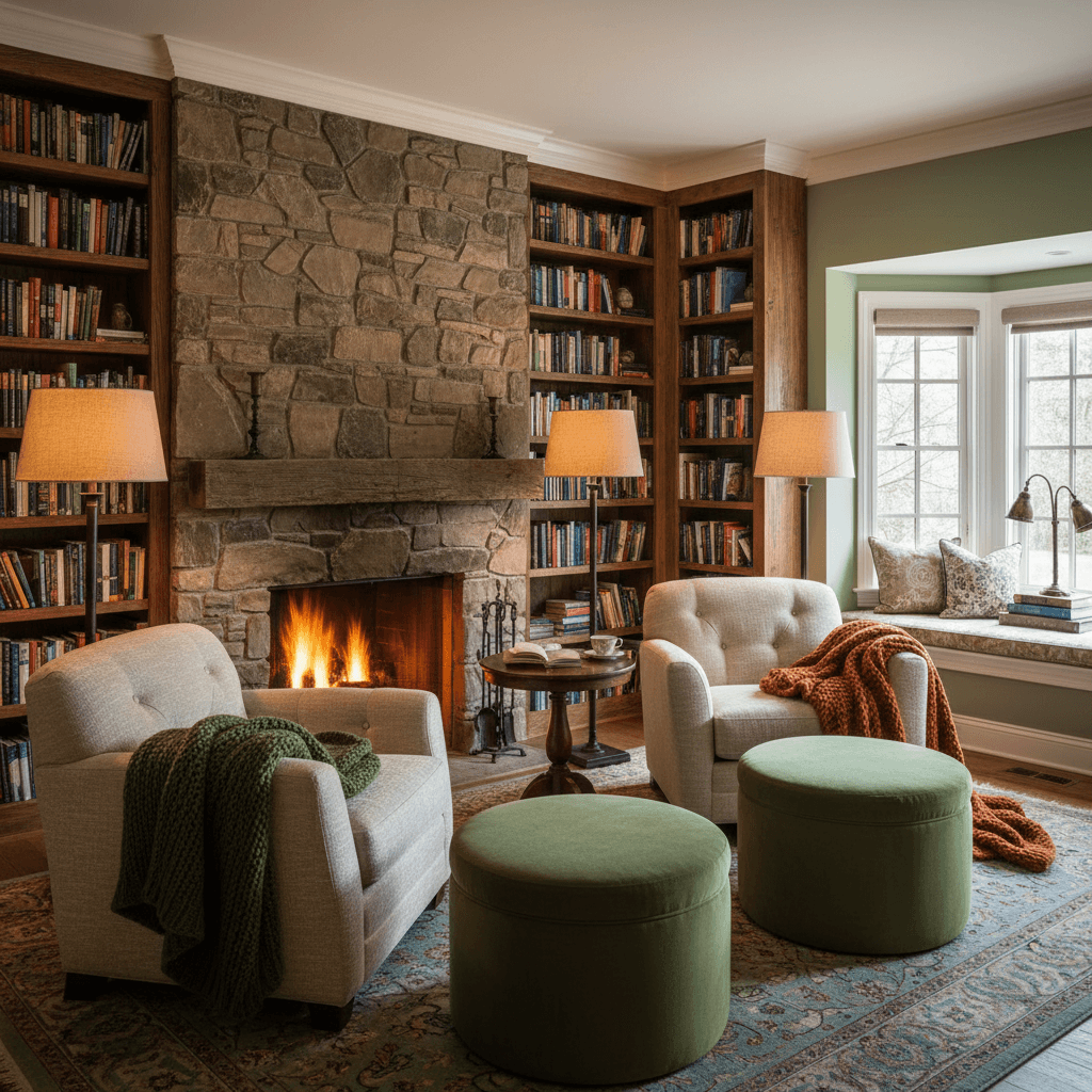 Design a cozy library for a luxurious Airbnb retreat, evoking the feeling of curling up with a good book. The space should feature rich wood accents, plush armchairs, and soft, warm lighting. Walls are painted a soothing sage green, complemented by creamy white trim and rustic wooden bookshelves. Comfortable ottomans in a deep, mossy green add a pop of color, while floor lamps with linen shades cast a warm glow. A statement stone fireplace anchors the space, surrounded by plush throw blankets and a vintage-inspired reading nook. - Cozy Airbnb Library or Reading Room designed with AI by Interiores AI