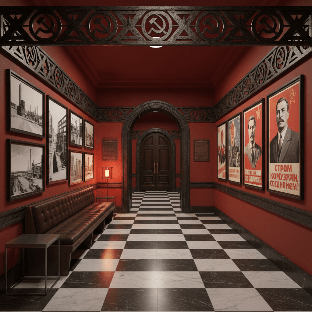 Design a Soviet-style hallway with a dramatic, imposing atmosphere, featuring bold geometric patterns and austere functionality. The space is 12 feet wide and 20 feet long, with a high ceiling of 10 feet. Walls are painted a deep, rich red (Gorky Red, Pantone 19-1664) and adorned with a prominent, ornate metalwork border featuring interlocking Soviet symbols. A long, low-slung bench (made from solid wood and upholstered in dark brown leather) stretches along the left wall, flanked by two narrow, metallic side tables. A floor lamp with a cylindrical metal shade and a red glass diffuser casts a warm, golden glow over the space. The walls are adorned with a series of black-and-white photographs of Soviet industrial landscapes and propaganda posters featuring prominent Soviet leaders. The overall aesthetic is one of imposing, socialist realism, evoking the grandeur and optimism of the Soviet Union. - Soviet Hallway designed with AI by Interiores AI