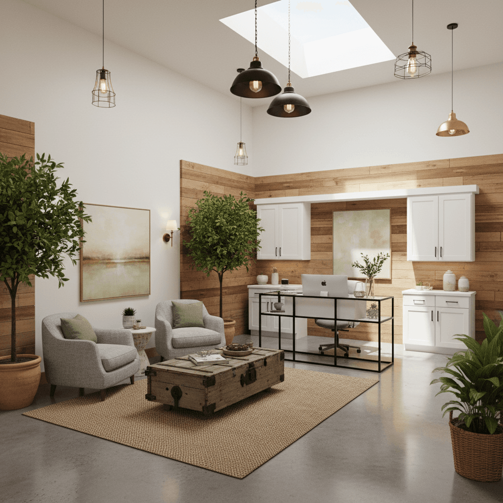 Design a modern farmhouse-style medical office with reclaimed wood accents, white shaker cabinets, and industrial-chic metal lighting fixtures. The space features a neutral color palette with pops of warm beige and soft sage green. A plush area rug in a natural fiber material adds warmth underfoot. The walls are adorned with reclaimed wood paneling, and the floors are made of polished concrete. A statement piece, a metal-framed, glass-topped reception desk, sits under a skylight, allowing natural light to flood the space. Comfortable, oversized armchairs in a light gray fabric are arranged around a coffee table made from a reclaimed barn door, creating a cozy reading nook. The atmosphere is calming and inviting, with plenty of greenery and soft lighting to soothe patients and visitors alike. - Modern Farmhouse Medical Office designed with AI by Interiores AI