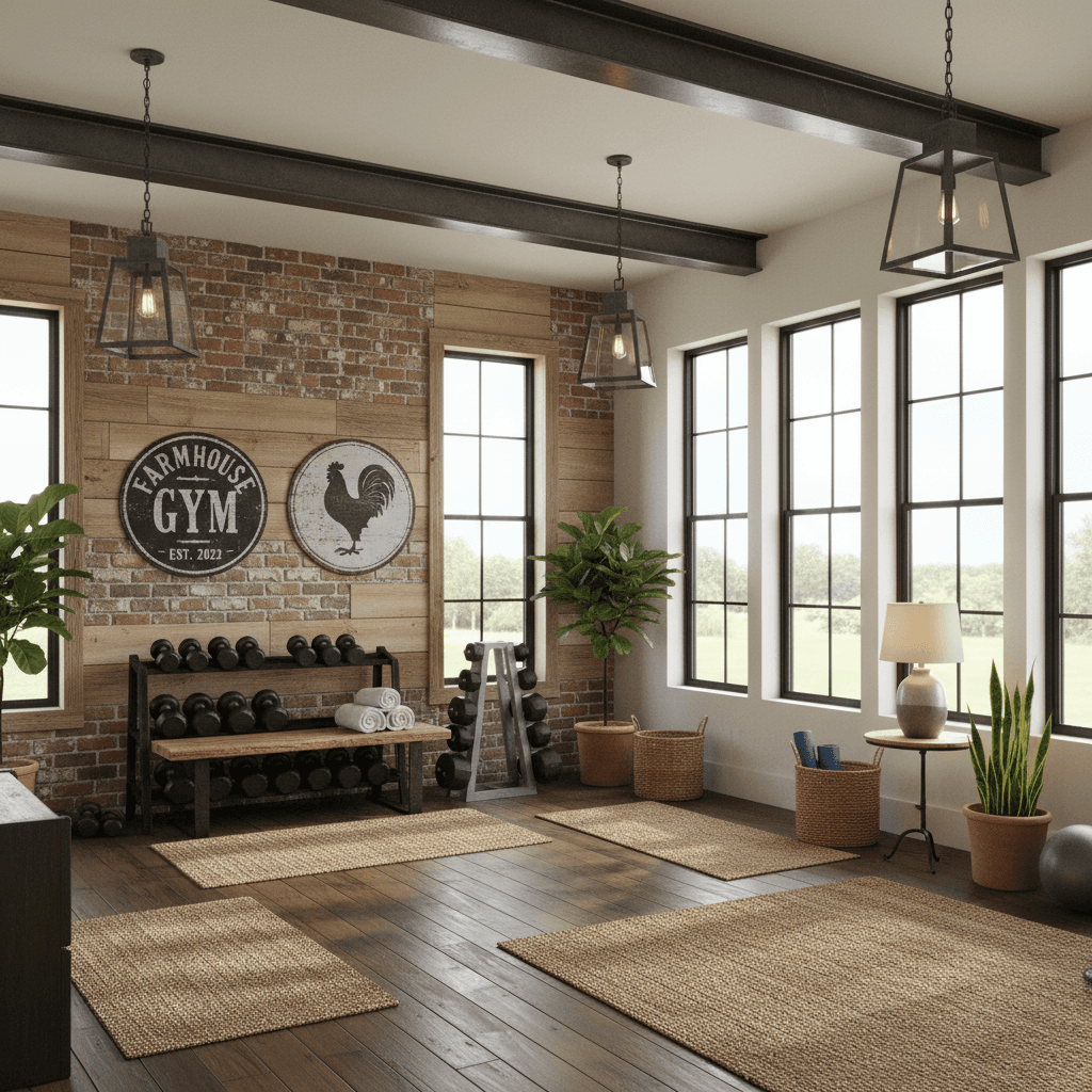 Design a Home Gym with a Modern Farmhouse aesthetic, featuring rustic wooden accents, exposed brick walls, and industrial-chic metal beams. The space should have a bright and airy feel, with large windows that let in plenty of natural light. The walls should be painted a soft, creamy white (such as Sherwin-Williams' "Comfort Gray"), and adorned with reclaimed wooden planks and vintage metal signs. The floor should be made of dark hardwood planks, with a subtle distressed finish. A statement piece of furniture, such as a reclaimed wood bench or a vintage metal weight rack, should be placed against a brick wall. The lighting should be warm and inviting, with a combination of pendant lights made from metal lanterns and table lamps with linen shades. Incorporate natural textures such as wicker baskets and jute rugs to add warmth and coziness to the space. - Modern Farmhouse Home Gym designed with AI by Interiores AI
