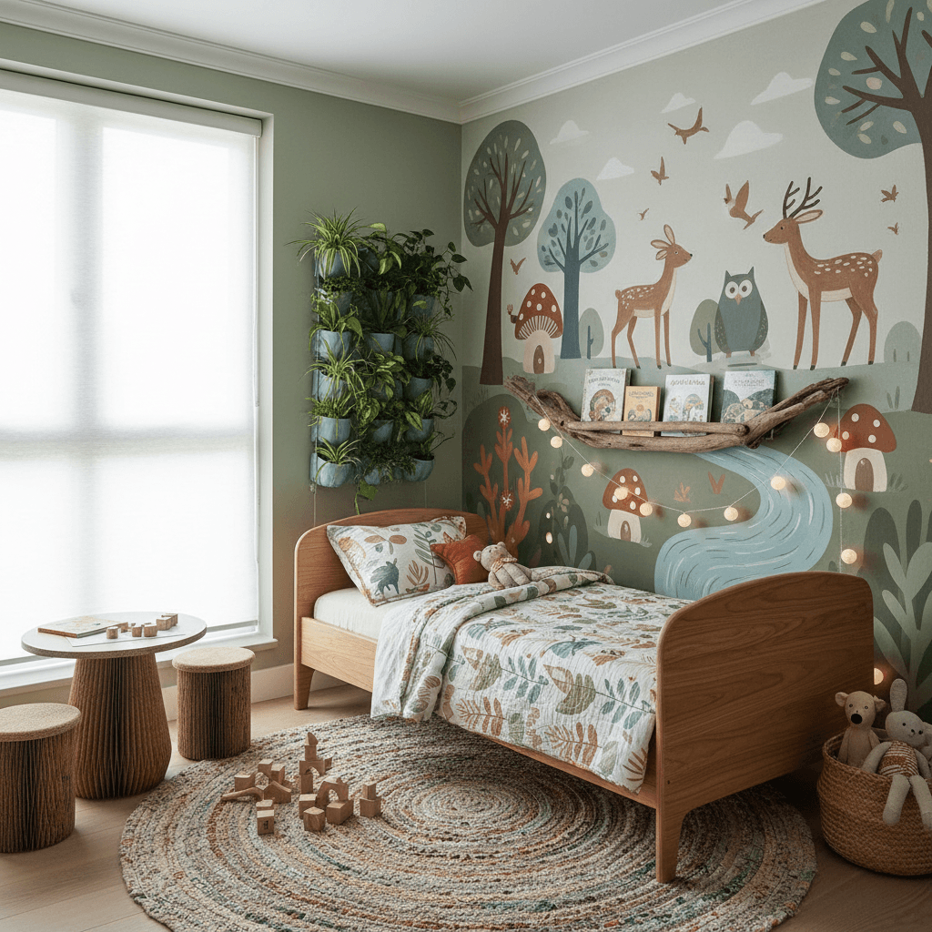 Design a serene and sustainable kids' bedroom that promotes eco-friendly living, featuring a soothing palette of earthy tones, natural textures, and organic shapes. The space should incorporate recycled materials, low-VOC paints, and energy-efficient lighting. Incorporate a plush area rug made from repurposed fabric, a sturdy wooden bed frame crafted from sustainably sourced wood, and a floor-to-ceiling window with solar shades. The walls should be adorned with a whimsical mural created from natural dyes and organic paints, while a statement piece of driftwood furniture adds an element of organic charm. Soft, warm lighting from a string of fairy lights made from recycled glass and a living wall planter with air-purifying plants complete the eco-friendly haven, inviting kids to explore and learn about the wonders of nature. - Eco Friendly Kids Bedroom designed with AI by Interiores AI