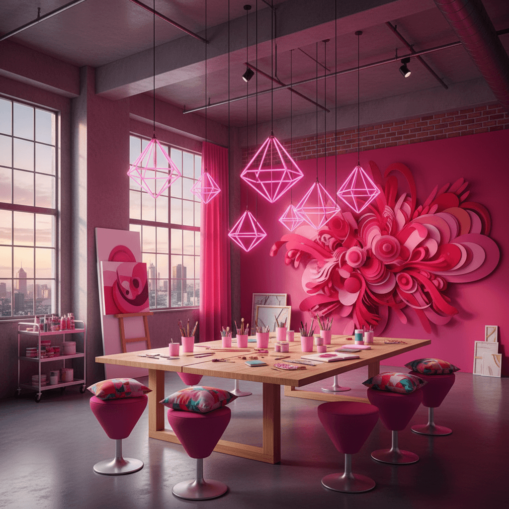 Create a vibrant hot pink Art Studio with a dynamic atmosphere, set against a backdrop of industrial-chic concrete walls and polished steel accents. The space features a large, light-wooden studio table surrounded by ergonomic, hot pink ergonomic stools, adorned with geometric-patterned throw pillows in shades of coral and turquoise. Exposed brick accents add warmth, while neon pink pendant lights suspended from the ceiling cast a bold, eye-catching glow. Rich, velvety hot pink walls are punctuated by floor-to-ceiling windows offering natural light and city views, while a statement piece – a floor-to-ceiling, abstract art installation in shades of fuchsia and magenta – dominates one wall, energizing the space with a sense of creativity and playfulness. - Hot Pink Art Studio designed with AI by Interiores AI
