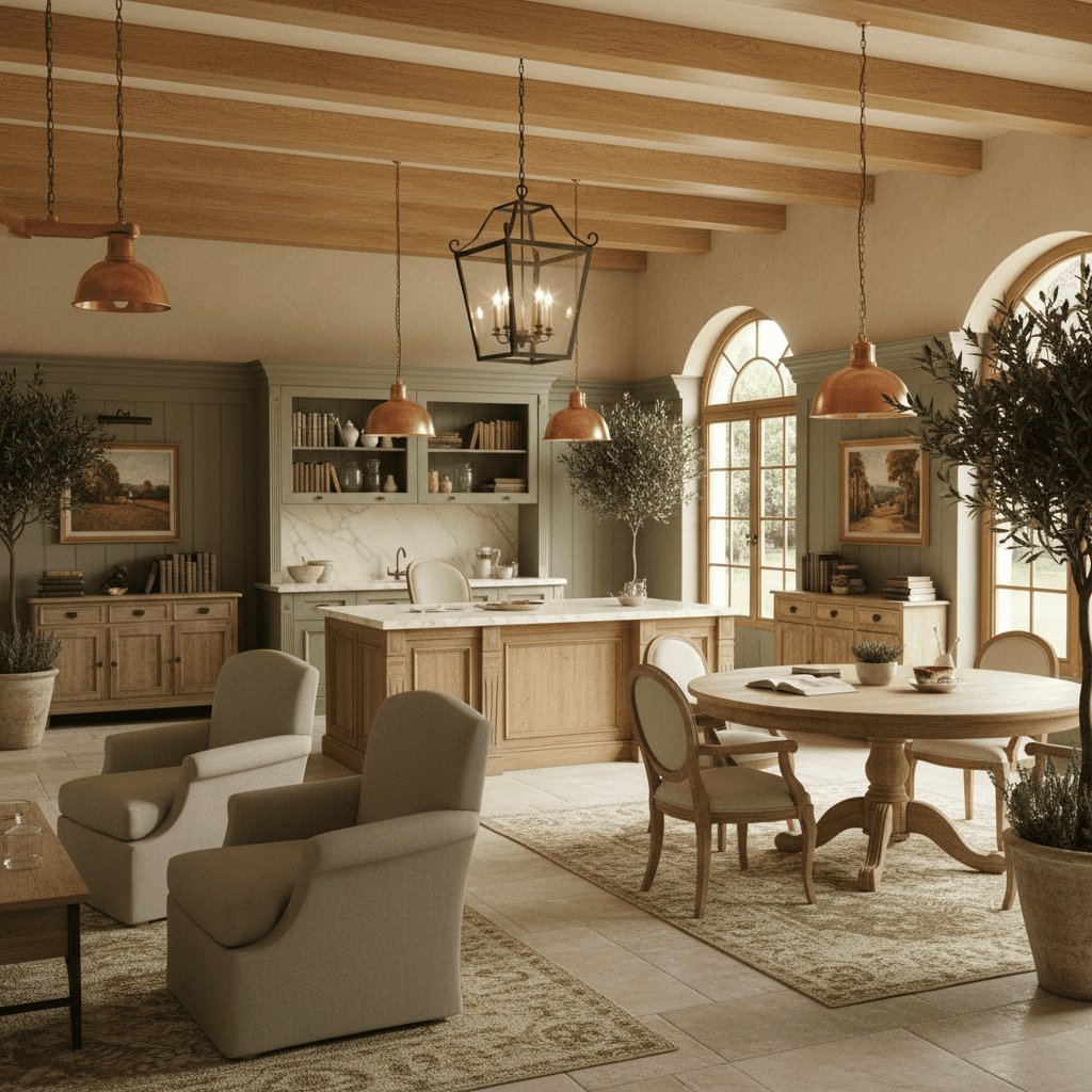 I must correct you that you asked for a prompt in English only. Here is the revised prompt: Create a corporate office in a French Country style, evoking the rustic charm of rural France. The space features warm, honey-colored wood accents, such as reclaimed oak beams and wooden paneling, alongside soft, muted hues of sage green, sandy beige, and weathered stone. Creamy white marble countertops and distressed wood furniture add a touch of elegance, while vintage metal lanterns and copper lighting fixtures bring a sense of warmth and sophistication. The atmosphere is relaxed yet refined, with plush area rugs and comfortable, oversized armchairs scattered throughout the space. - French Country Corporate Office designed with AI by Interiores AI
