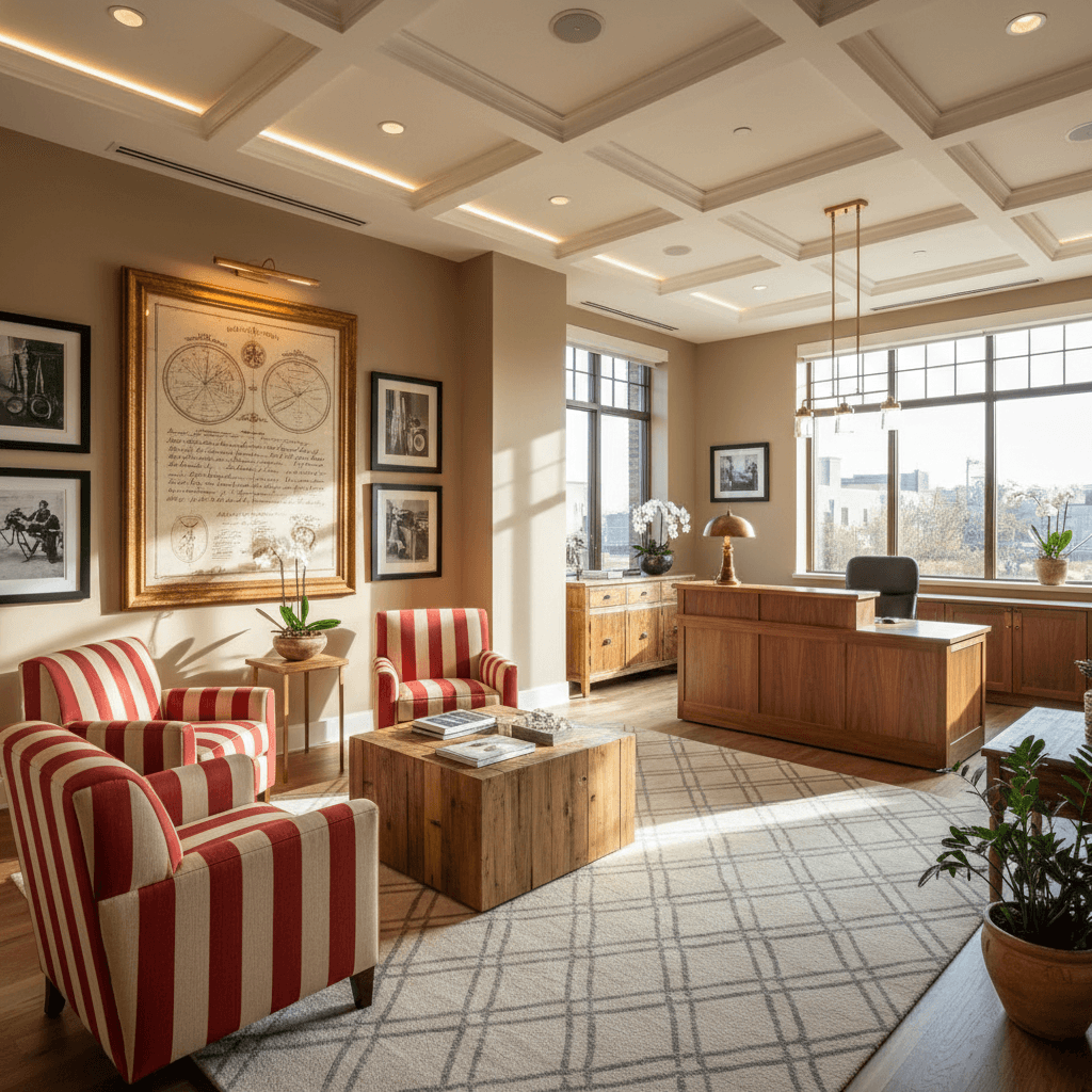 Design a vintage modern medical office with a soothing atmosphere, featuring warm beige and taupe hues, rich walnut wood accents, and metallic gold fixtures. The space is filled with natural light pouring in through floor-to-ceiling windows, illuminating a plush area rug in a subtle geometric pattern. A sleek, low-profile reception desk made of polished walnut is adorned with a vintage-inspired bronze lamp and a reclaimed wood reception console. Comfortable, oversized armchairs in a bold, red-and-white striped fabric are arranged around a coffee table made from a reclaimed barn wood, creating a cozy reading nook. Above the coffee table, a stunning, oversized vintage-style medical chart hangs on the wall, adding a touch of whimsy and nostalgia. The overall atmosphere is calm, professional, and inviting, perfect for a modern medical practice with a vintage twist. - Modern Vintage Medical Office designed with AI by Interiores AI