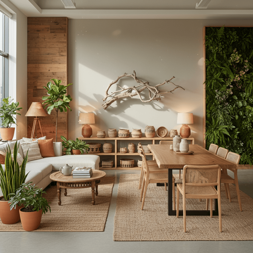 Design a corporate office that exudes Natural Boho Chic style, featuring a calming color palette, lush greenery, and organic textures. The space should include reclaimed wood accents, woven baskets, and a statement piece of driftwood art on a neutral-toned wall. Soft, warm lighting is provided by table lamps made from natural materials like rattan and wicker, while a stunning floor-to-ceiling living wall brings in a touch of the outdoors. A plush, sectional sofa in a natural fiber upholstery is placed in a cozy reading nook, surrounded by potted plants and a vintage-inspired wooden coffee table. The atmosphere is relaxed yet professional, perfect for a creative and collaborative work environment. - Natural Boho Chic Corporate Office designed with AI by Interiores AI