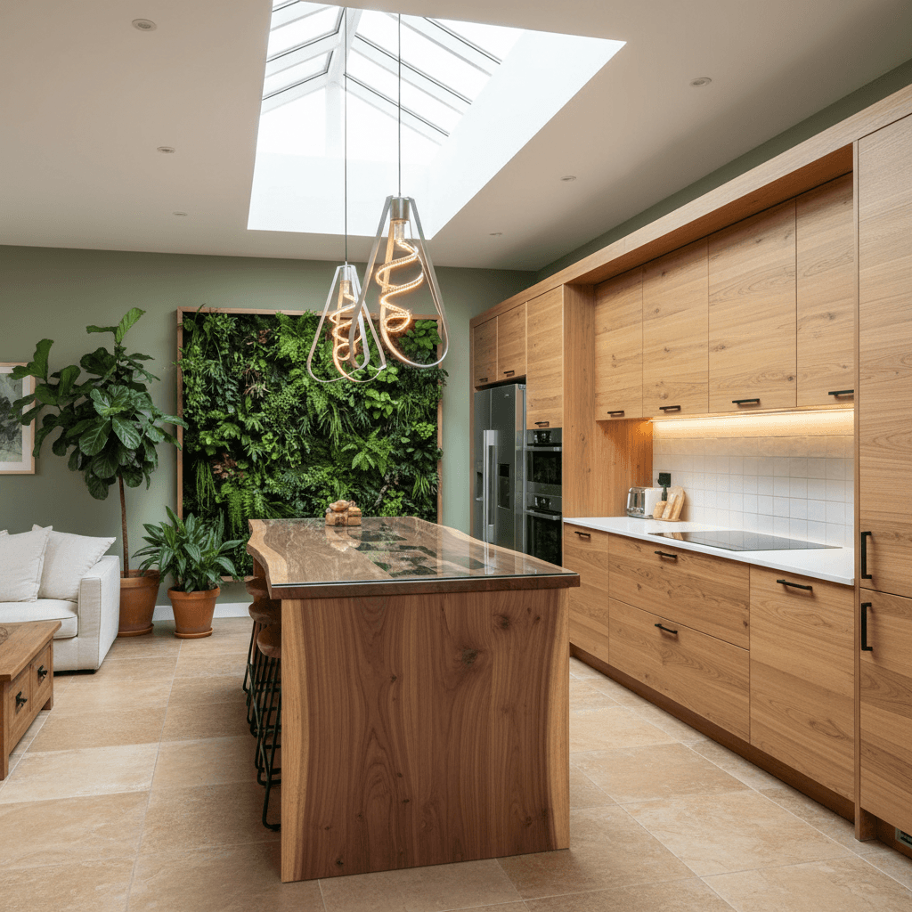 Create a modern, eco-friendly Open Integrated Kitchen with a minimalist aesthetic, set amidst a lush greenery-filled living area. Incorporate reclaimed wood accents, featuring a live edge walnut kitchen island with a glass-topped butcher block countertop. Soft, diffused lighting is achieved through a combination of LED strips beneath the cabinetry and pendant lamps made from recycled metal. Walls are painted a soothing shade of sage green, complemented by a white subway tile backsplash with a subtle, textured finish. Natural stone floors feature a warm, honed limestone look, while a living wall adds a touch of biophilic design, bringing in a lush display of greenery and a natural element to the space. Incorporate an eco-friendly, induction cooktop and energy-efficient appliances, and a large skylight above the island to maximize natural light and ventilation. - Eco Friendly Integrated Kitchen designed with AI by Interiores AI