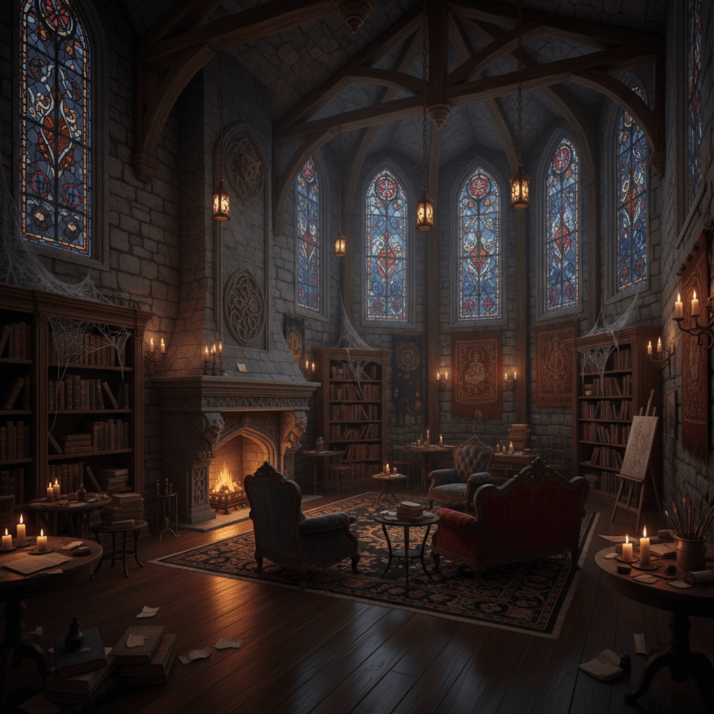 Design a Creative Workshop in Gothic style, with rich, mysterious atmosphere. The space features stone walls, exposed wooden beams, and a vaulted ceiling adorned with intricate, stained glass windows. The floor is made of dark, polished wood, and the walls are adorned with cobweb-covered tapestries and ancient, leather-bound books. A large, stone fireplace dominates one wall, surrounded by worn, velvet armchairs and a plush, crimson sofa. The room is lit by flickering, candlelight and the soft glow of lanterns, casting eerie shadows on the walls. Colors are predominantly dark reds, purples, and blacks, with splashes of rich gold and crimson. - Gothic Creative Workshop designed with AI by Interiores AI