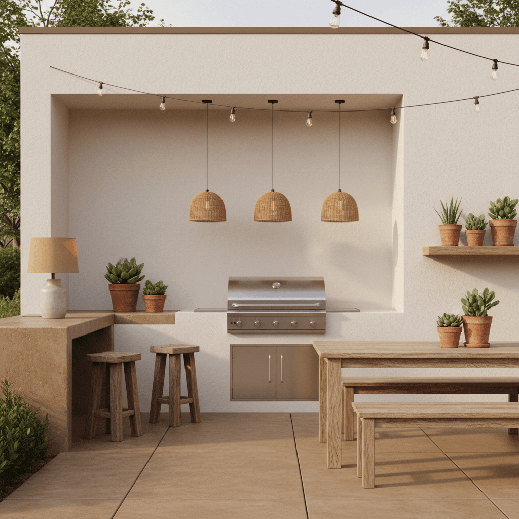 Design a warm and inviting grill area in Warm Minimalism style, featuring rich earthy tones and clean lines. The space should incorporate natural materials such as reclaimed wood and stone, with a warm beige-colored concrete floor. The walls should be painted a soft, creamy white (Benjamin Moore's "Sand Dune"), and adorned with a few well-placed potted succulents in terracotta pots. A sleek, low-profile gas grill in a brushed stainless steel finish should be centered against a wall, surrounded by a few weathered wooden stools in a distressed finish. Warm golden lighting should be provided by a combination of pendant lights made from natural rattan and table lamps with linen shades in a warm beige color. The overall atmosphere should be relaxed and casual, inviting guests to gather and enjoy al fresco dining on warm summer evenings. - Warm Minimalism Grill designed with AI by Interiores AI