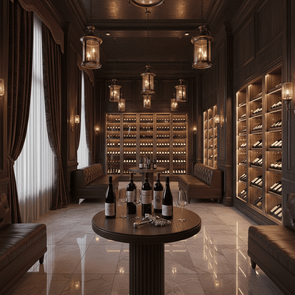 Create a wine cellar with a sophisticated luxury atmosphere, characterized by rich dark wood tones, warm metallic accents, and soft, warm lighting. The space features a combination of velvet drapes, soft leather banquettes, and polished stone floors. Walls are adorned with dark wooden paneling and feature floor-to-ceiling glass wine storage units. The space is illuminated by warm pendant lights made from antique metal lanterns, casting a warm glow on the rows of stacked wine bottles. A small, wooden bar with a hand-carved wine bottle opener and a few premium wine glasses sits atop a stone pedestal, surrounded by a few select, luxury bottles of fine wine. - Luxury Wine Cellar designed with AI by Interiores AI