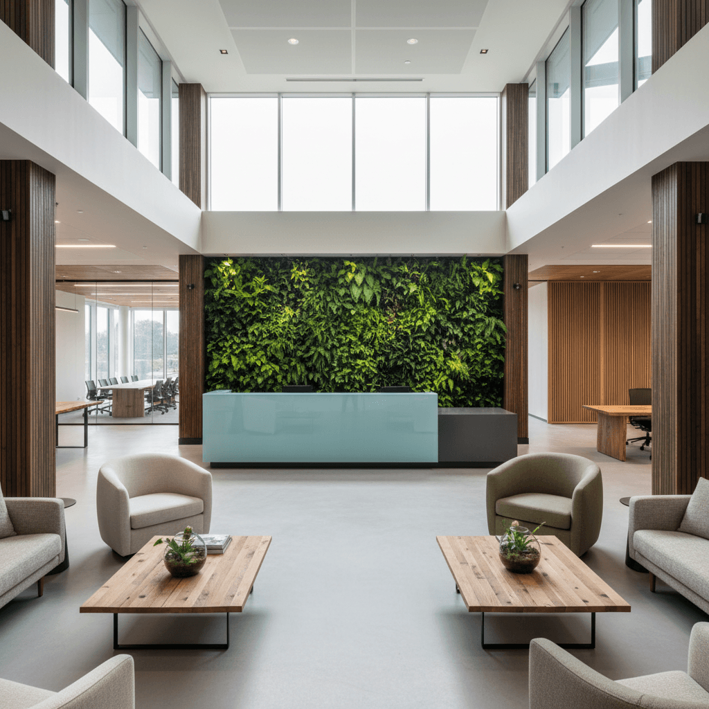 Design a modern corporate office that embodies eco-friendliness, incorporating reclaimed wood accents, living green walls, and a predominantly neutral color palette. The space features sleek, low-maintenance surfaces such as recycled glass and low-VOC (volatile organic compound) paints. The atmosphere is calm and focused, with soft natural light pouring in through floor-to-ceiling windows and large skylights. Comfortable, energy-efficient seating areas are scattered throughout the open-concept space, including a conference room with a floor-to-ceiling wooden panel wall made from sustainably sourced bamboo. The overall aesthetic is both sophisticated and environmentally responsible, with a subtle use of natural textures and organic shapes. - Eco Friendly Corporate Office designed with AI by Interiores AI