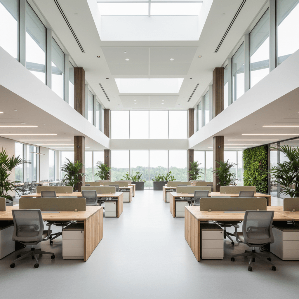 Design a modern corporate office that embodies eco-friendliness, incorporating reclaimed wood accents, living green walls, and a predominantly neutral color palette. The space features sleek, low-maintenance surfaces such as recycled glass and low-VOC (volatile organic compound) paints. The atmosphere is calm and focused, with soft natural light pouring in through floor-to-ceiling windows and large skylights. Comfortable, energy-efficient seating areas are scattered throughout the open-concept space, including a conference room with a floor-to-ceiling wooden panel wall made from sustainably sourced bamboo. The overall aesthetic is both sophisticated and environmentally responsible, with a subtle use of natural textures and organic shapes. - Eco Friendly Corporate Office designed with AI by Interiores AI
