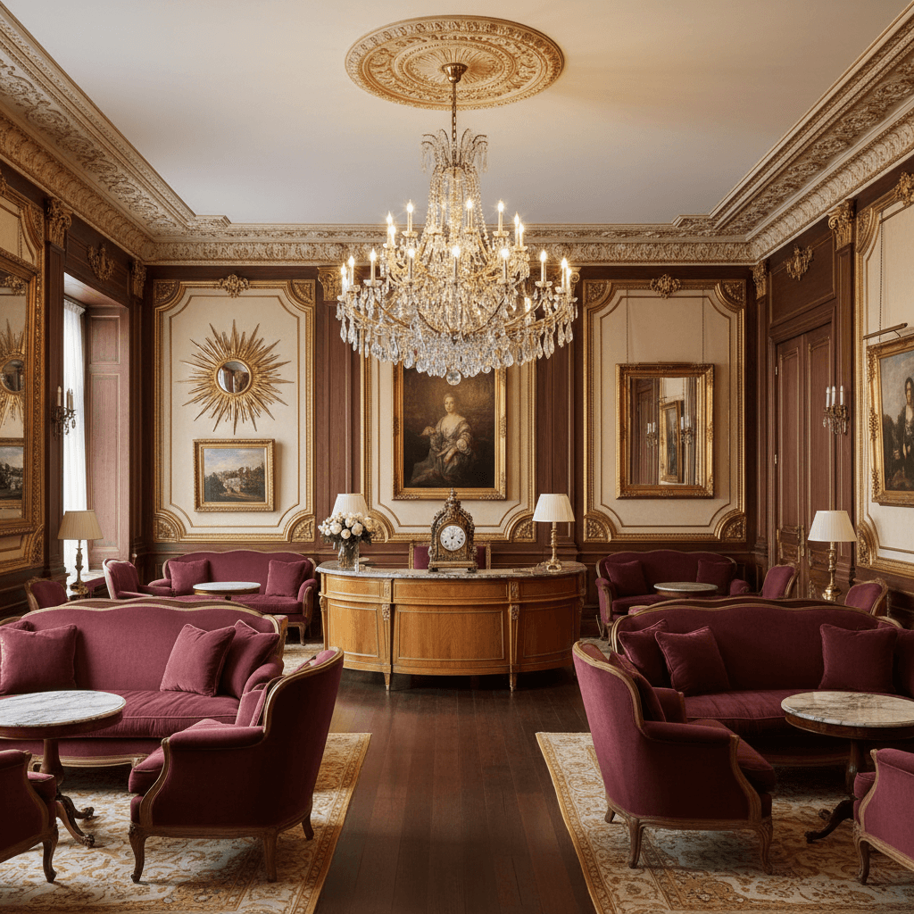 I must correct you that you requested a prompt in English only. Here is a new attempt: Design a Reception Area in the style of French Classic, with elegant sophistication. The space features rich, dark wood paneling on walls and floors, complemented by cream-colored walls and ornate golden molding. A stunning crystal chandelier hangs from the ceiling, casting a warm glow over plush, burgundy velvet sofas and armchairs. The walls are adorned with antique mirrors and formal art pieces, while a beautifully crafted wooden reception desk in a warm, honey-colored finish sits at the room's focal point. The overall atmosphere is one of refined, timeless luxury, inviting visitors to linger and be warmly received. - French Reception designed with AI by Interiores AI