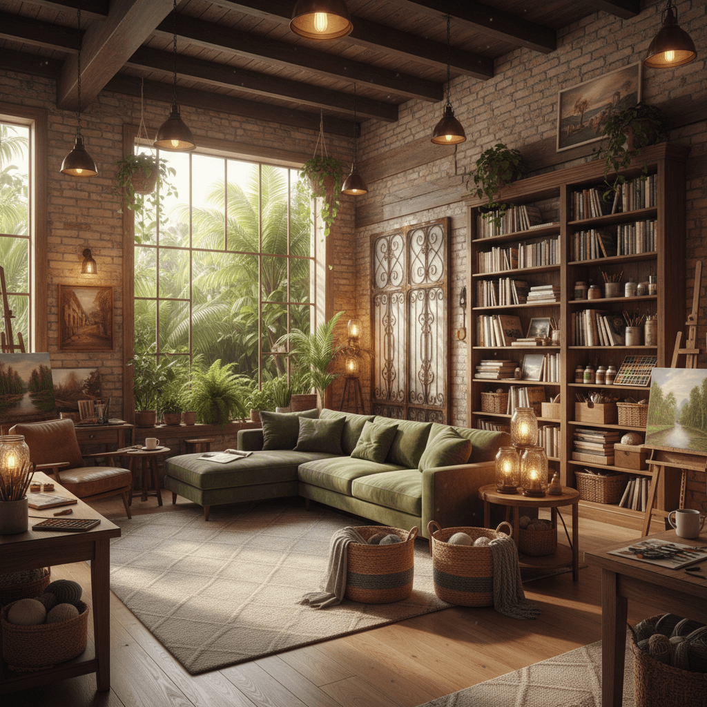 Imagine a warm and inviting art studio, reminiscent of a cozy Airbnb retreat. The space is a converted loft, with exposed brick walls and high ceilings, set amidst a lush green oasis. The studio is bathed in soft, natural light pouring in through large windows, highlighting the warm beige and taupe hues of the walls. Rich wooden accents, such as reclaimed barn wood and dark-stained oak, add depth and texture to the space. Plush sectional sofas in a mossy green velvet and chunky woven baskets in natural fibers create a comfortable seating area for relaxation and creativity. A statement piece, a vintage metal door repurposed as a room divider, adds a touch of whimsy. Warm, golden lighting from pendant lamps and table lamps made from mason jars and mercury glass fixtures casts a cozy glow, making the space feel like a tranquil retreat. A floor-to-ceiling bookshelf, lined with vintage art books, sketchpads, and colorful paints, inspires creativity and sparks imagination. - Cozy Airbnb Art Studio designed with AI by Interiores AI