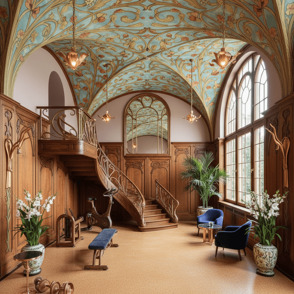 Imagine a Home Gym that embodies the sinuous, organic lines and flowing curves of Art Nouveau, transporting you to a world of elegance and refinement. The space is a majestic, high-ceilinged chamber with walls clad in rich, dark wood paneling, adorned with intricate carvings of botanical motifs. The floor is a warm, honey-hued terrazzo, and the walls are painted a soft, creamy shade of mauve, allowing natural light to pour in through the elegant, lead-paned windows. A stunning, hand-painted ceiling mural depicts a stylized floral pattern, while a dramatic, sweeping staircase made of polished walnut rises to a mezzanine level, where a sleek, exercise bike and mirrored wall await. Furniture is upholstered in luxurious, velvet fabrics in deep jewel tones, and metallic accents in gold and copper add a touch of glamour. The atmosphere is one of sophisticated, understated luxury, perfect for a home gym that feels like a retreat from the world outside - Art Nouveau Home Gym designed with AI by Interiores AI