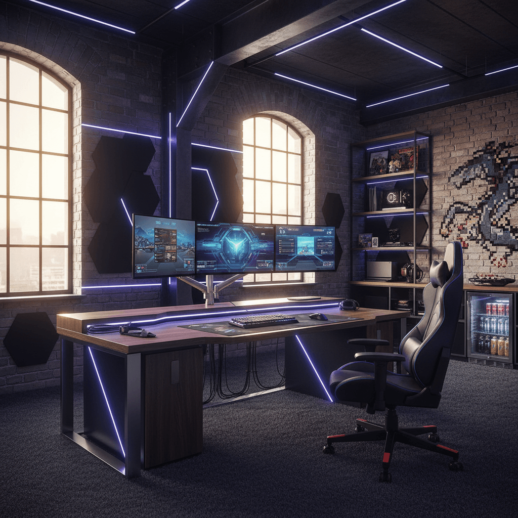 A beautiful Barbecue Area designed in Gaming Room style. Transform this room into a gaming setup while preserving the architecture. Add ergonomic seating, multiple screens, cable management, and bold RGB/LED lighting. Use dark accents, acoustic panels, and a clean desk layout for a focused, futuristic vibe. The space features carefully selected furniture, harmonious colors, natural lighting, and thoughtfully placed decorative elements that create a welcoming and aesthetically pleasing atmosphere. - Gaming Room Barbecue Area designed with AI by Interiores AI