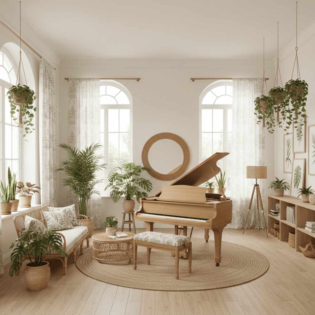 A beautiful Music Room designed in Natural Tropical style. Transform this interior space into natural tropical style while keeping the original room layout, walls, windows, and architectural features intact. Use a light base with mid greens and honey wood. Bring in fibers such as jute, rattan and wicker. Add large leaf plants like monstera and palm in clay pots. Choose light cotton textiles with subtle botanical prints. Ventilate and prioritize natural light. Keep lightweight furniture and plants at different heights, aiming for freshness over clutter. The space features carefully selected furniture, harmonious colors, natural lighting, and thoughtfully placed decorative elements that create a welcoming and aesthetically pleasing atmosphere. - Natural Tropical Music Room / Studio designed with AI by Interiores AI
