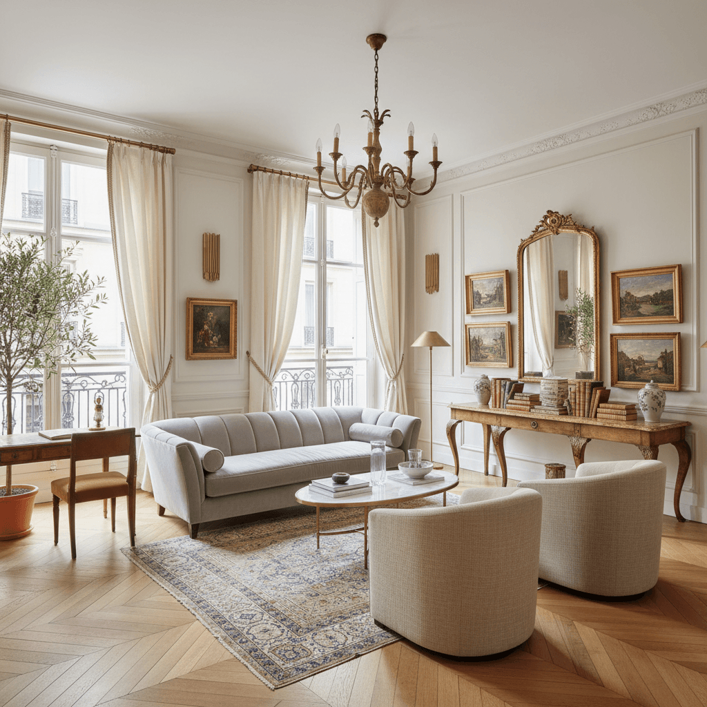 A beautiful Balcony designed in Parisian style. Transform this space into a Parisian interior while preserving walls, windows, and moldings. Use neutral walls, herringbone or classic wood tones, ornate lighting, and a mix of vintage and modern pieces. Add elegant drapery, gilded accents, and curated art for a chic Paris look. The space features carefully selected furniture, harmonious colors, natural lighting, and thoughtfully placed decorative elements that create a welcoming and aesthetically pleasing atmosphere. - Parisian Balcony designed with AI by Interiores AI