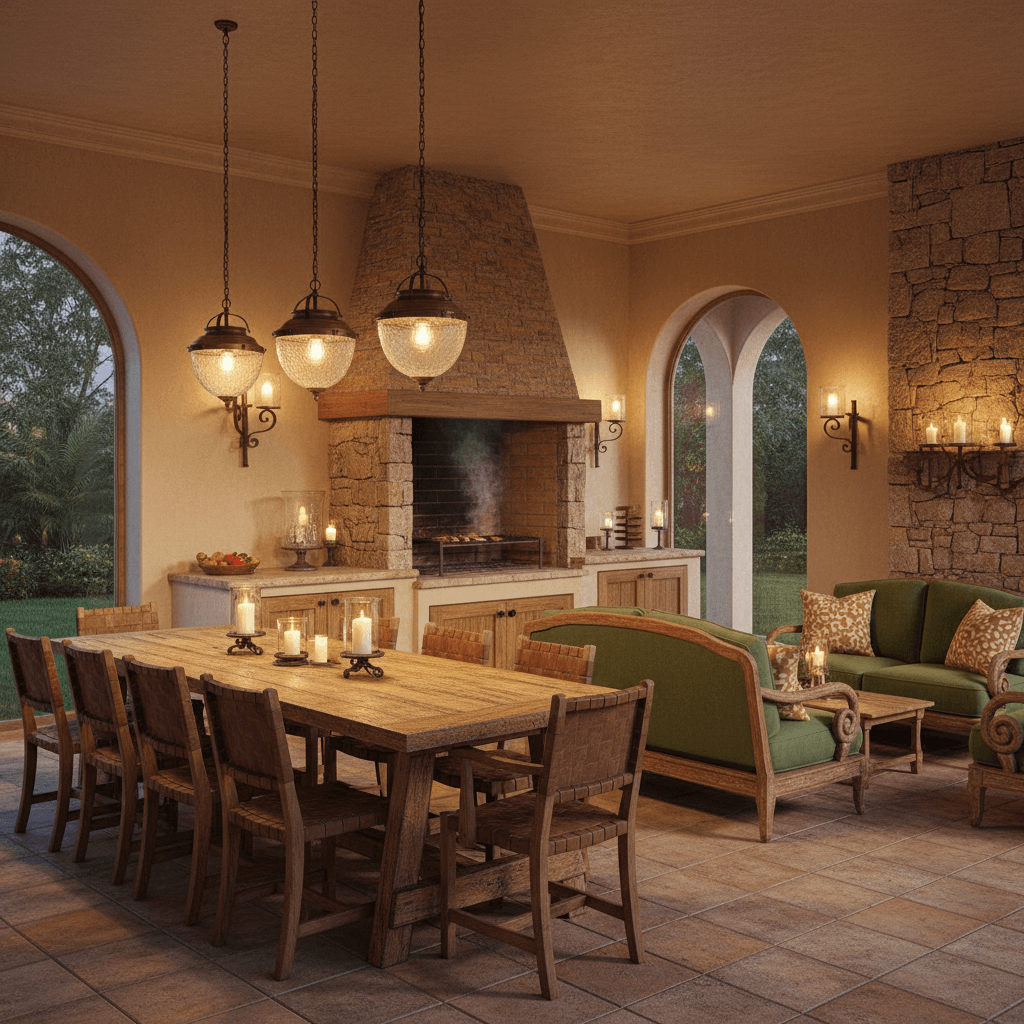 Generate an interior design for a Barbecue Area in an Updated Classic style, characterized by rich wood tones, elegant lines, and warm, inviting colors. The space features a rustic wooden table and chairs, surrounded by warm beige and golden brown walls, complemented by natural stone accents. Soft, warm lighting from pendant lamps and candles casts a cozy glow, while a statement brick chimney serves as a focal point. Classic outdoor furniture with curved lines and tufted upholstery in a deep, rich green adds to the nostalgic charm. The overall atmosphere is relaxed, sophisticated, and perfect for warm summer evenings spent with friends and family, with the soothing sounds of sizzling burgers and lively conversation filling the air. - Updated Classic Barbecue Area designed with AI by Interiores AI