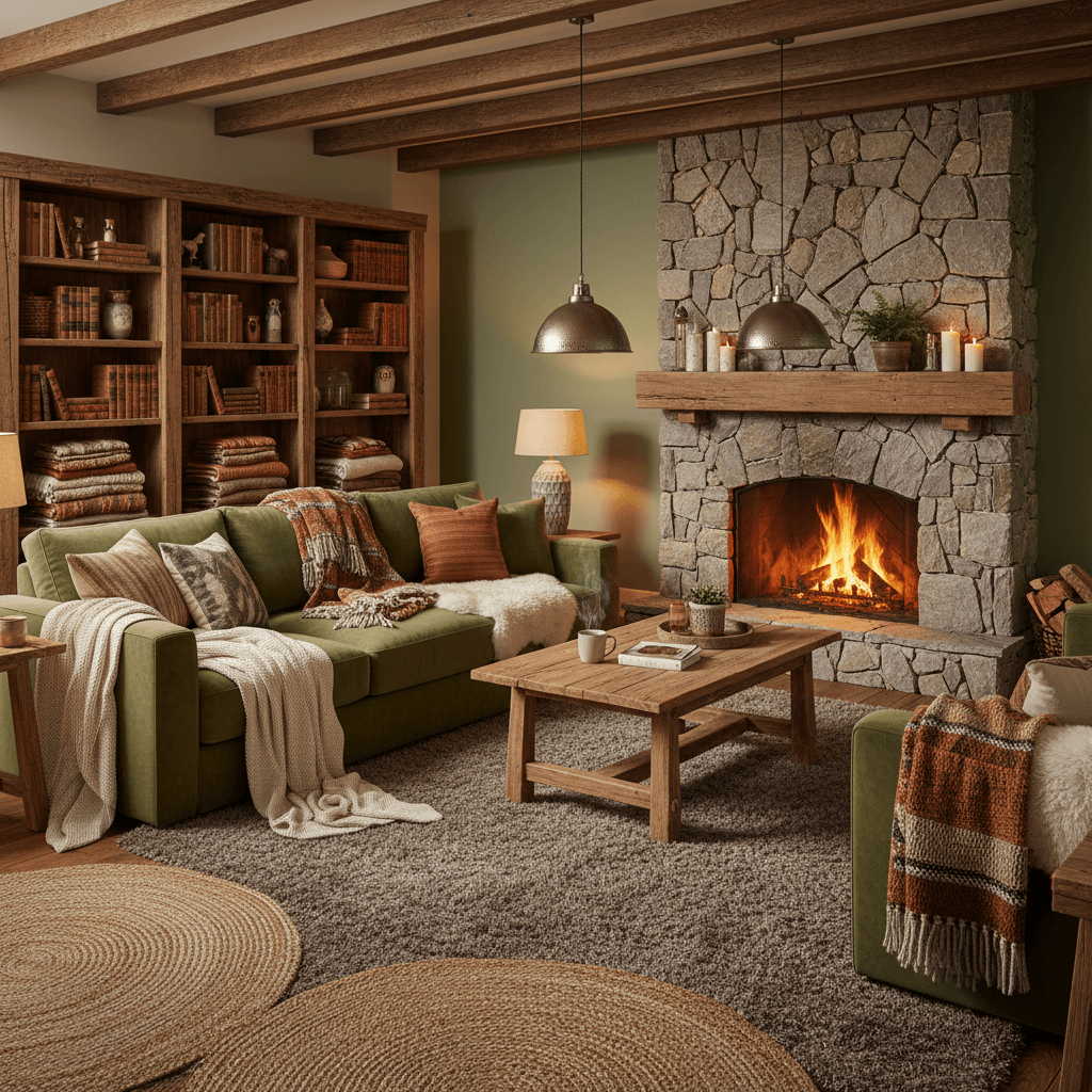 Design a Cozy Living Room with rustic wooden accents, plush throw blankets, and soft golden lighting, evoking a warm and inviting atmosphere reminiscent of a cabin retreat. The space features a plush sectional sofa in a mossy green velvet fabric, surrounded by a floor-to-ceiling stone fireplace and wooden beams. Earthy tones on the walls, such as sage green and sandy beige, complement the natural textures of woven jute rugs and reclaimed wood coffee tables. Soft golden pendant lights and table lamps cast a warm glow, while a plush area rug in a deep taupe hue adds warmth underfoot. The space is complete with a curated bookshelf, overflowing with vintage novels and cozy throw blankets, creating a snug and intimate ambiance perfect for curling up with a good book. - Cozy Airbnb Living Room designed with AI by Interiores AI