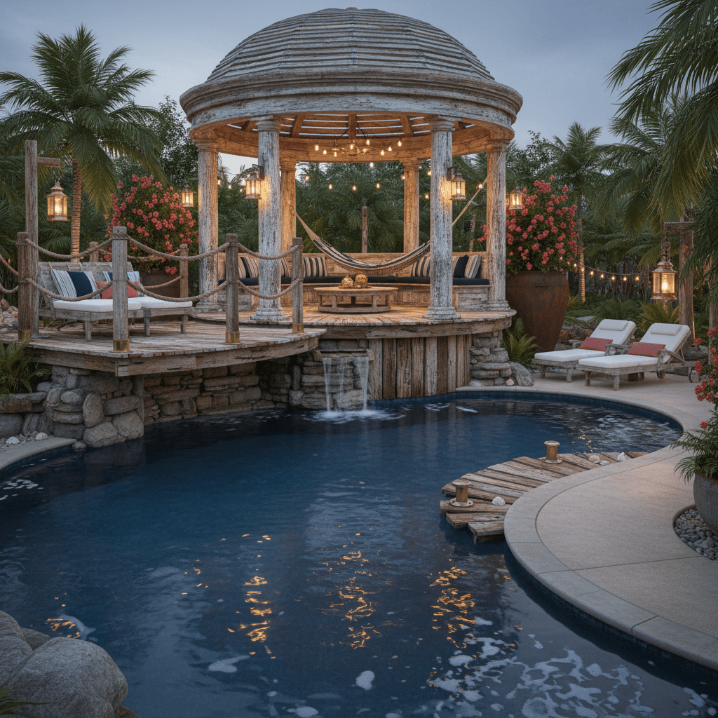 Design a nautical-themed pool area with distressed wood accents and weathered metal details, evoking a sense of sea-worn elegance. Incorporate navy blue and crisp white hues, with accents of brass and coral red. A large, rounded pool with a grotto-like entrance is the centerpiece, surrounded by weathered wooden piers and a curved concrete walkway. A cantilevered wooden deck above the pool features a rope railing, wooden benches, and a pair of nautical-style lounge chairs. Above, a majestic wooden gazebo with a distressed finish shelters a hammock and a wooden coffee table. Soft, warm lighting and lush greenery add to the tranquil atmosphere, as if a seaside oasis has been brought to the backyard. - Nautical Pool designed with AI by Interiores AI