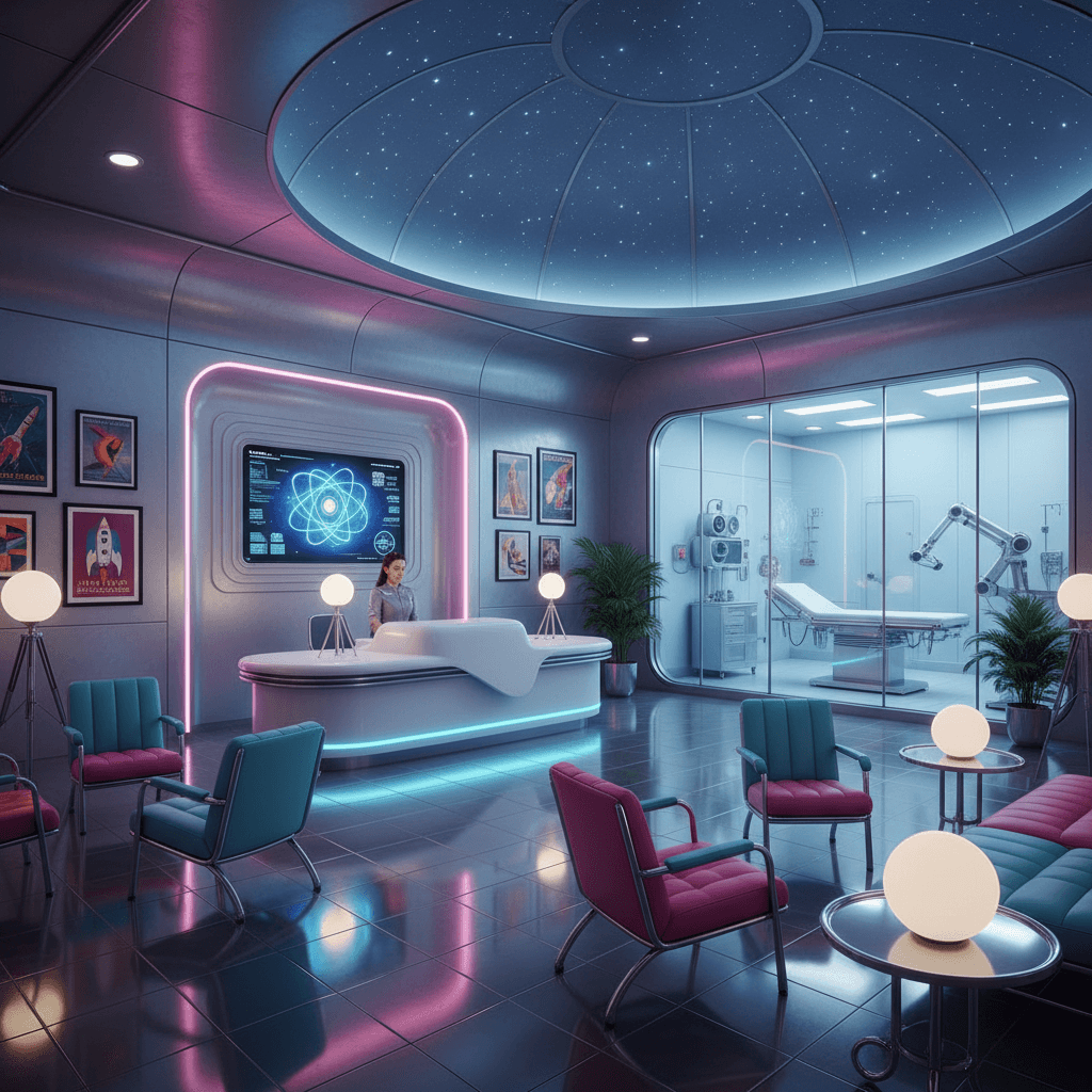 Design a Medical Office in Retro Futuristic style, set in 2026, with a futuristic twist on 1950s and 60s design elements. The space features a sleek, metallic accent wall with a gradient of neon blue to pink hues, echoing the glow of vintage space-age technology. The floors are made of polished chrome, and the ceiling is a dome-shaped, translucent material with a starry night sky pattern. Furniture includes retro-style, high-backed chairs with chrome frames and vinyl upholstery, and a reception desk with a retro-futuristic, curve-shaped countertop. The walls are adorned with vintage sci-fi posters and retro-futuristic artwork, while the lighting fixtures are a combination of table lamps with spherical shades and floor lamps with sculptural, chrome accents. A large, floor-to-ceiling, glass-enclosed medical bay dominates the space, allowing natural light to flood in and providing a futuristic, high-tech feel. The atmosphere is one of nostalgic futurism, blending - Retro Futuristic Medical Office designed with AI by Interiores AI