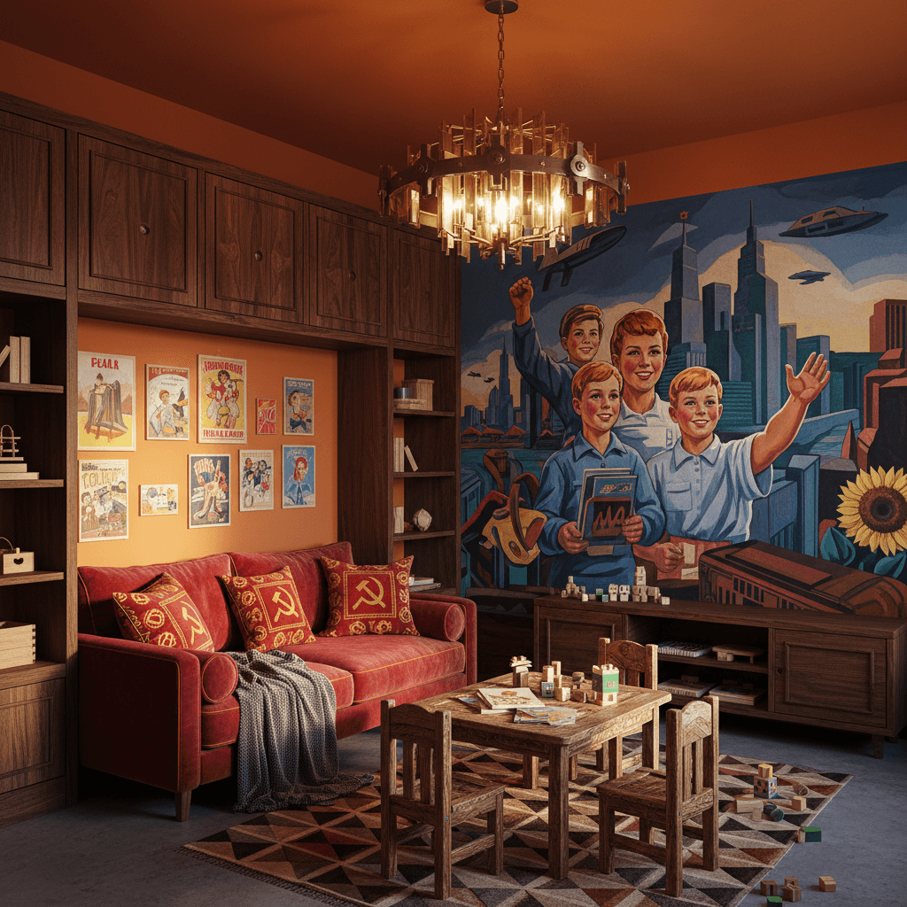 Design a vibrant Playroom in the style of Soviet-era architecture, featuring a bold color palette inspired by socialist realism. The space is filled with a warm, golden light emanating from a large chandelier made of metal and glass, suspended from the ceiling. Walls are painted a deep, burnt orange, complemented by rich, dark wood accents of oak and walnut. A plush, crimson-red sofa sits against one wall, piled high with pillows and blankets in a repeating pattern of red and gold. A wooden table and chairs in a distressed finish support a collection of Soviet-era posters and children's books. A mural of a happy, industrious family in a futuristic cityscape adorns the opposite wall, its vibrant colors and dynamic composition adding to the room's energetic atmosphere. - Soviet Game Room / Playroom designed with AI by Interiores AI