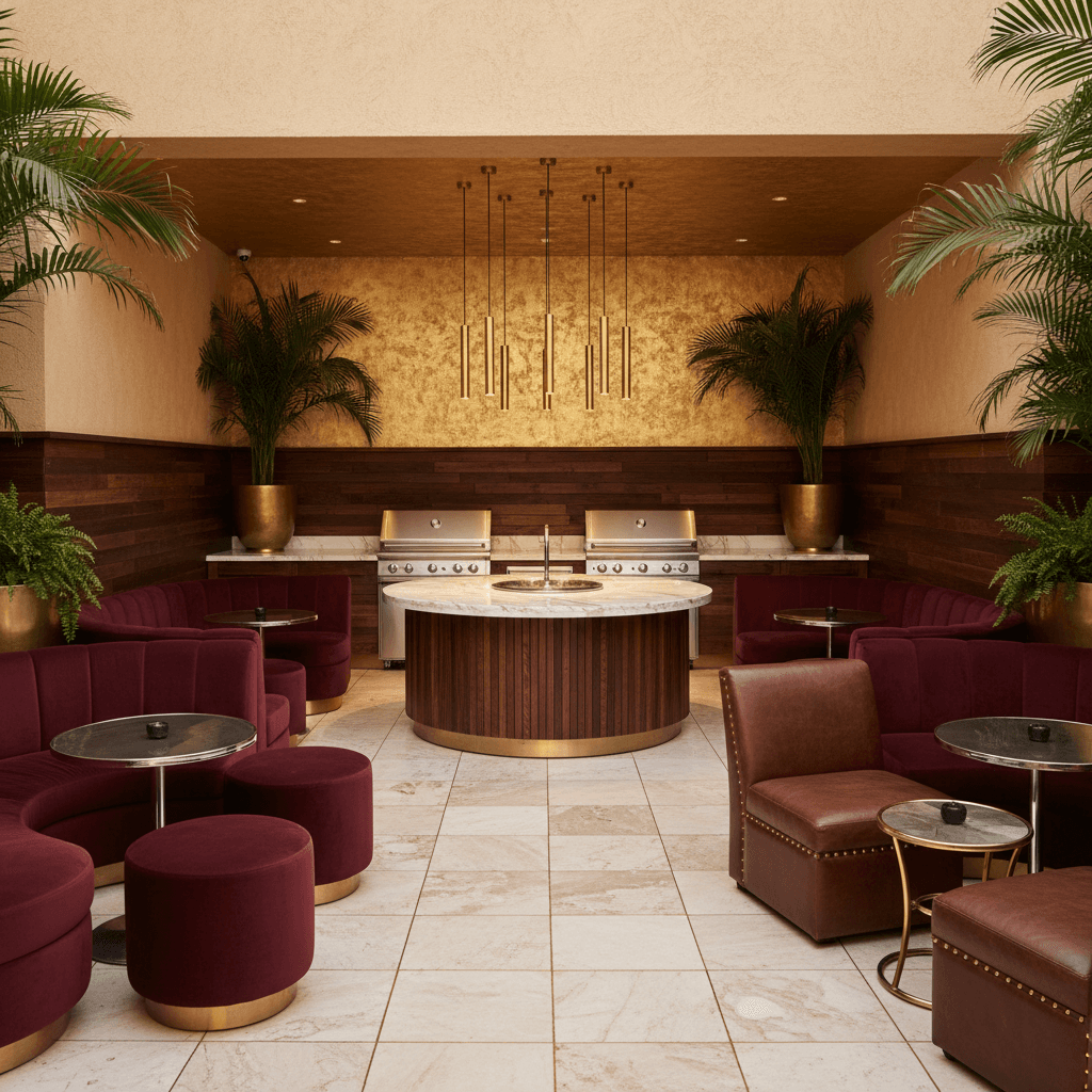 Design a Grill Area in the Hollywood Glam style, set against a warm beige backdrop. Incorporate rich, velvety burgundy banquettes and matching ottomans, upholstered in a luxurious velvet fabric. Accent walls in metallic gold leaf add a touch of Old Hollywood glamour. Sustainably-sourced, reclaimed wood accents are woven throughout the space, including a show-stopping, circular wooden island in the center of the grill area. Soft, warm lighting from pendant lamps suspended from the ceiling casts a golden glow. Majestic, oversized lounge chairs in a rich, dark leather finish invite relaxation. - Hollywood Glam Grill designed with AI by Interiores AI