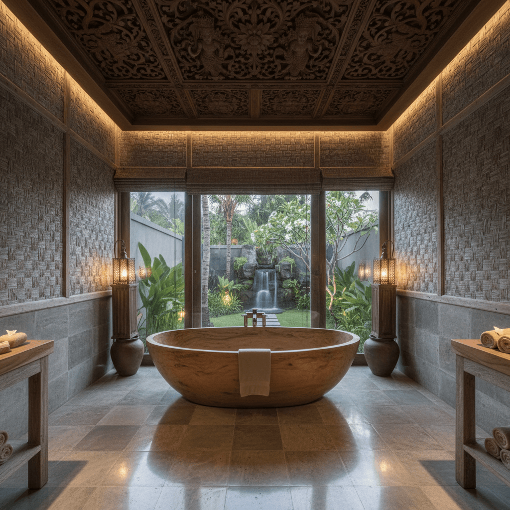 Generate an interior design for a serene Bali-style bathroom featuring natural materials, earthy tones, and intricate carvings. The space should include a polished stone floor, walls adorned with woven reed screens, and a wooden ceiling with a carved motifs of Balinese deities. A freestanding tub made from reclaimed teak wood should be placed in front of a floor-to-ceiling glass door, offering a glimpse of the lush greenery surrounding the property. The color palette should feature soothing shades of sand, driftwood, and terracotta, with warm golden lighting casting a tranquil ambiance. - Bali Bathroom designed with AI by Interiores AI