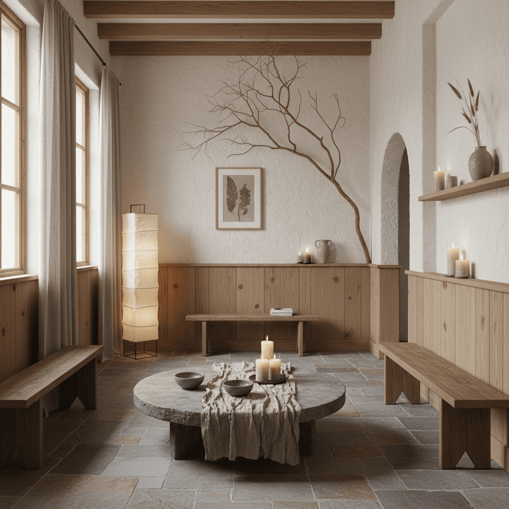 A beautiful Medical Office designed in Wabi-Sabi style. Transform this interior space into wabi-sabi style while preserving the original room structure, walls, windows, and architectural elements. Use earth tones, limewash finishes and bare wood. Choose crinkled textiles, irregular ceramics and stone. Select simple, low and stable furniture. Let walls breathe with only a few essential objects. Use warm indirect light with candles and paper lamps. Include benches, stools and a single sculptural dry branch for a peaceful, authentic mood. The space features carefully selected furniture, harmonious colors, natural lighting, and thoughtfully placed decorative elements that create a welcoming and aesthetically pleasing atmosphere. - Wabi-Sabi Medical Office designed with AI by Interiores AI