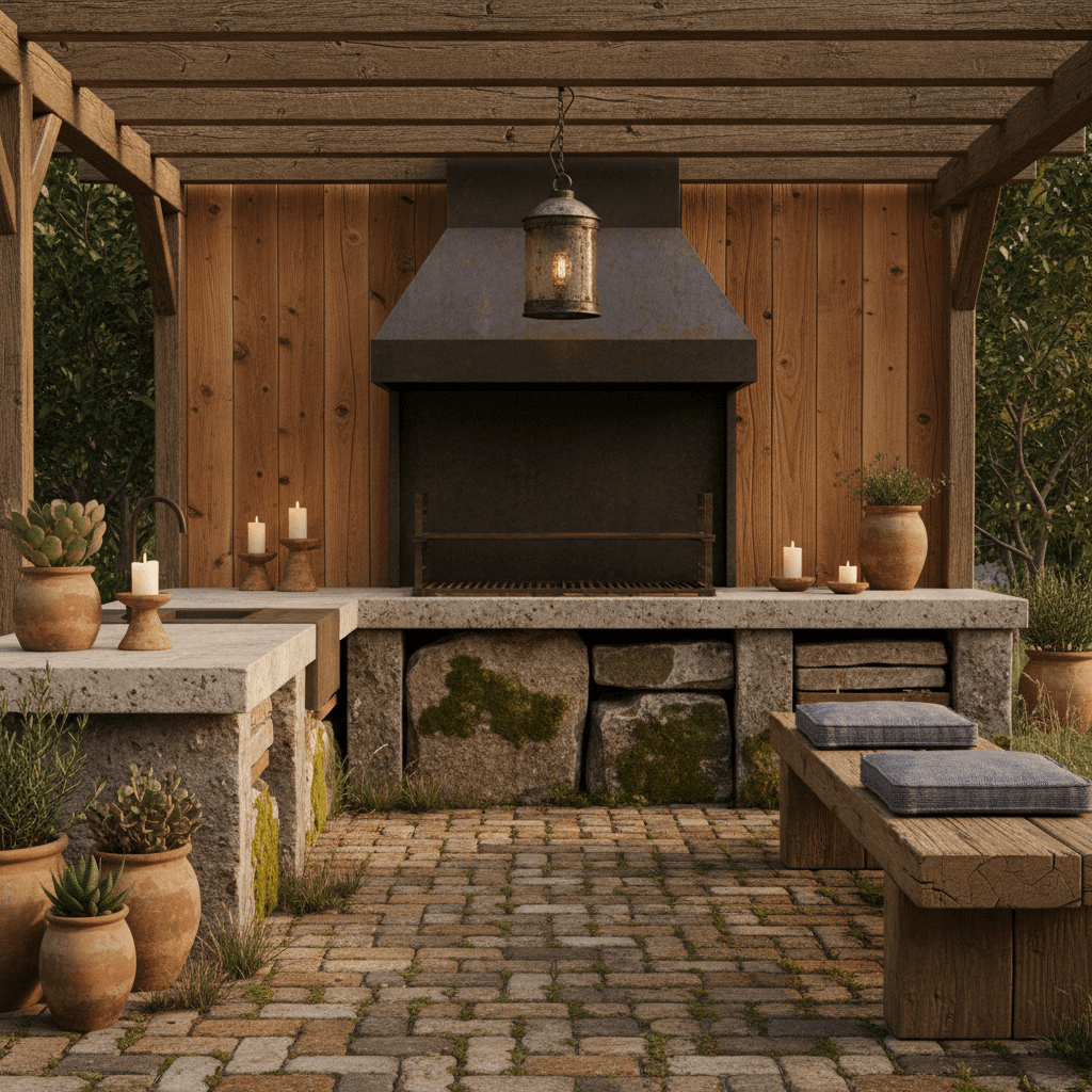 Design a Wabi-Sabi inspired Grill Area with weathered wood accents, moss-covered stone, and a rustic metal range. Incorporate natural materials such as reclaimed cedar planks, distressed wood beams, and a reclaimed brick patio. Earthy tones of sienna, umber, and moss green dominate the space, complemented by soft golden lighting and candles. A wooden bench adorned with woven rattan cushions in a faded indigo hue adds warmth and texture, while a distressed metal lantern hangs above the grill, casting a warm glow on the space. The atmosphere is cozy and organic, evoking a sense of connection to nature and imperfection. - Wabi-Sabi Grill designed with AI by Interiores AI