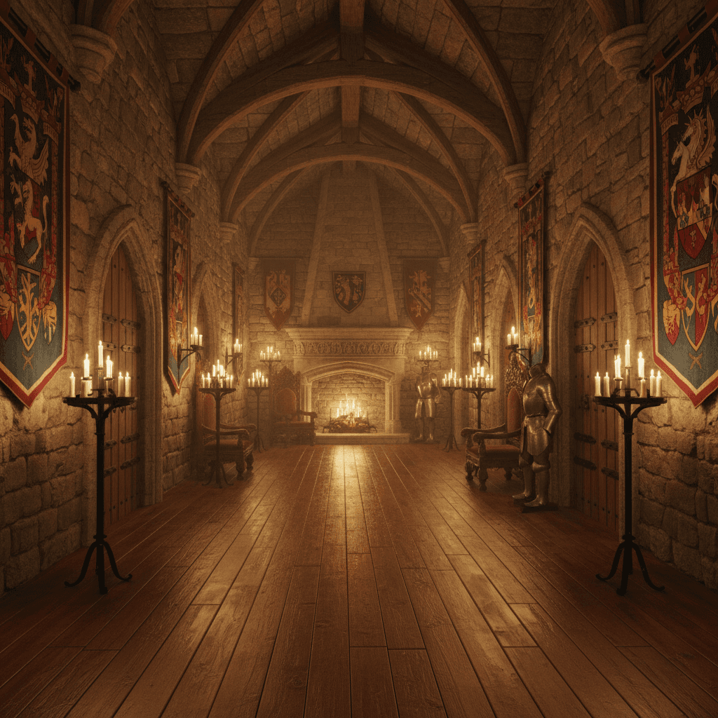 Generate a Medieval-style hallway with rustic stone walls, exposed wooden beams, and a vaulted ceiling. The floor is made of dark hardwood planks, polished to a warm sheen. Rich tapestries depicting mythical creatures and coats of arms adorn the walls, while heavy wooden doors with iron hinges and studs line the space. Candles made of tallow and beeswax illuminate the room, casting a warm, golden glow. A stone fireplace dominates one wall, flanked by two ornate wooden chairs, where a knight might rest his armor. The air is thick with the scent of old parchment, wood smoke, and damp stone, evoking a sense of history and nobility. - Medieval Hallway designed with AI by Interiores AI