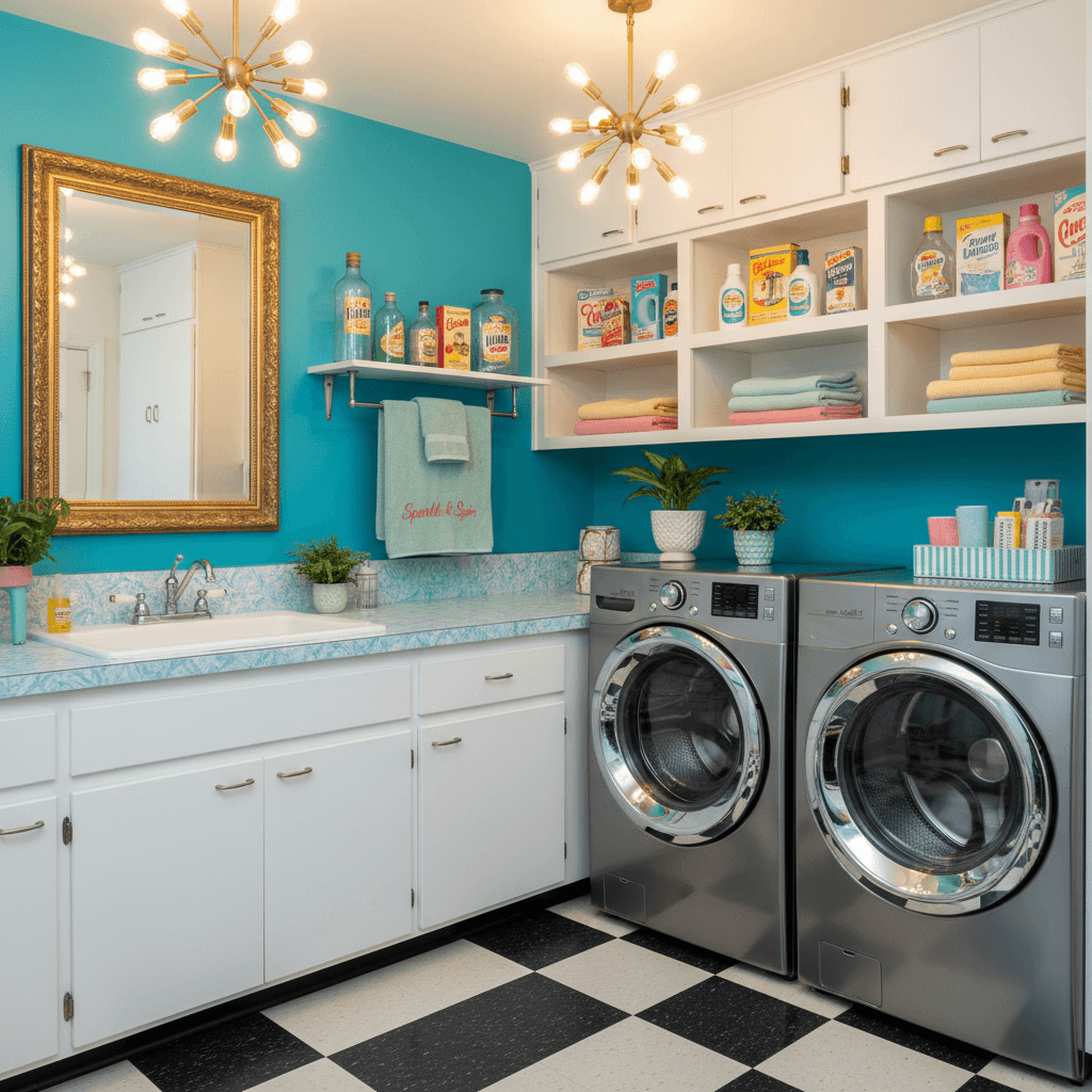 Create a retro-inspired laundry room with a nostalgic vibe, set in a bright and cheerful 1950s-style suburban home. The space features a bold, turquoise accent wall, complemented by crisp white cabinets and countertops made of durable, retro-style Formica. A stainless steel washer and dryer sit atop a checkered linoleum floor, surrounded by a retro-style shelving unit displaying vintage laundry detergent bottles and a retro-themed towel rack. Warm, golden lighting emanates from a series of sputnik-style chandeliers, while a large, ornate mirror hangs above the sink, adding a touch of glamour to the space. The overall atmosphere is playful, cheerful, and reminiscent of a bygone era, with a dash of kitschy charm. - Retro Laundry Room designed with AI by Interiores AI
