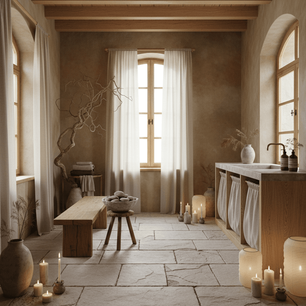 A beautiful Laundry Room designed in Wabi-Sabi style. Transform this interior space into wabi-sabi style while preserving the original room structure, walls, windows, and architectural elements. Use earth tones, limewash finishes and bare wood. Choose crinkled textiles, irregular ceramics and stone. Select simple, low and stable furniture. Let walls breathe with only a few essential objects. Use warm indirect light with candles and paper lamps. Include benches, stools and a single sculptural dry branch for a peaceful, authentic mood. The space features carefully selected furniture, harmonious colors, natural lighting, and thoughtfully placed decorative elements that create a welcoming and aesthetically pleasing atmosphere. - Wabi-Sabi Laundry Room designed with AI by Interiores AI