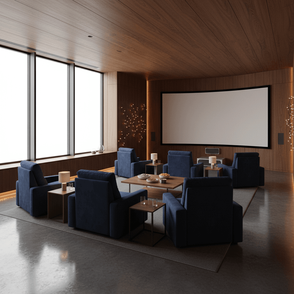 Design a sleek and immersive Modern Contemporary home theater with a focus on cinematic grandeur. The space features a dark gray concrete floor, accented with rich walnut wood paneling on the walls and ceiling. Floor-to-ceiling windows with dark gray metal framing allow natural light to filter in during the day, while LED strips embedded in the windowsill glow softly at night. The seating area consists of seven plush, navy blue velvet seats with adjustable headrests, positioned in a curved row around a 150-inch curved screen. A minimalist, low-profile sound system with silver accents is placed behind the screen, while a sleek, walnut coffee table and matching side tables provide convenient storage for snacks and drinks. Soft, warm lighting from table lamps and string lights adds a cozy ambiance, creating an inviting atmosphere for movie nights and social gatherings. - Modern Contemporary Home Theater designed with AI by Interiores AI