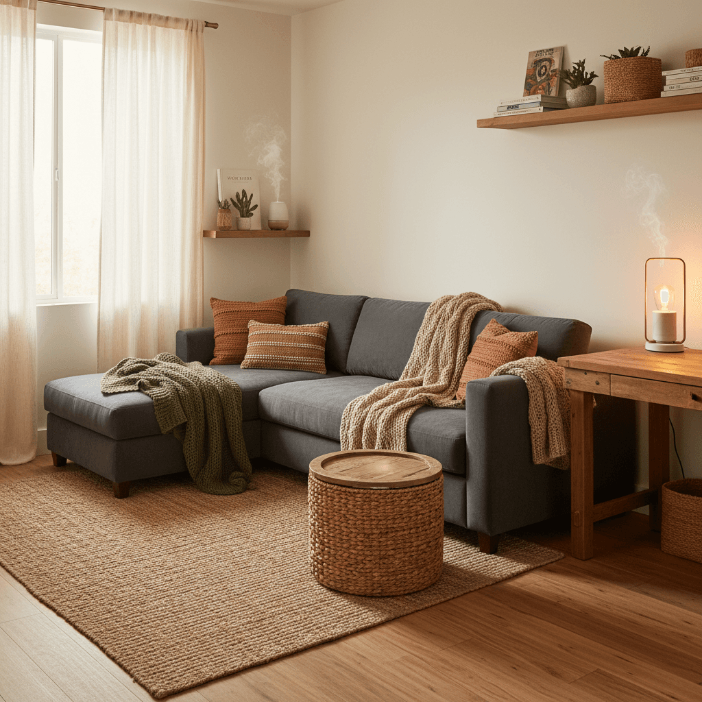 Generate a warm and inviting home office space inspired by Cozy Airbnb listings, featuring a plush sectional sofa in a rich, dark gray velvet, paired with creamy white walls, warm beige wood accents, and soft, golden lighting. The room is adorned with natural textiles, including a jute rug, linen curtains, and a chunky woven basket storage ottoman. Comforting throw blankets in muted earth tones are draped over the sofa, and a reclaimed wood desk with a warm, golden glow adds a touch of rustic charm. The atmosphere is relaxed and peaceful, perfect for focusing on work or unwinding after a long day, with the soothing scent of essential oils wafting through the air. - Cozy Airbnb Office / Home Office designed with AI by Interiores AI